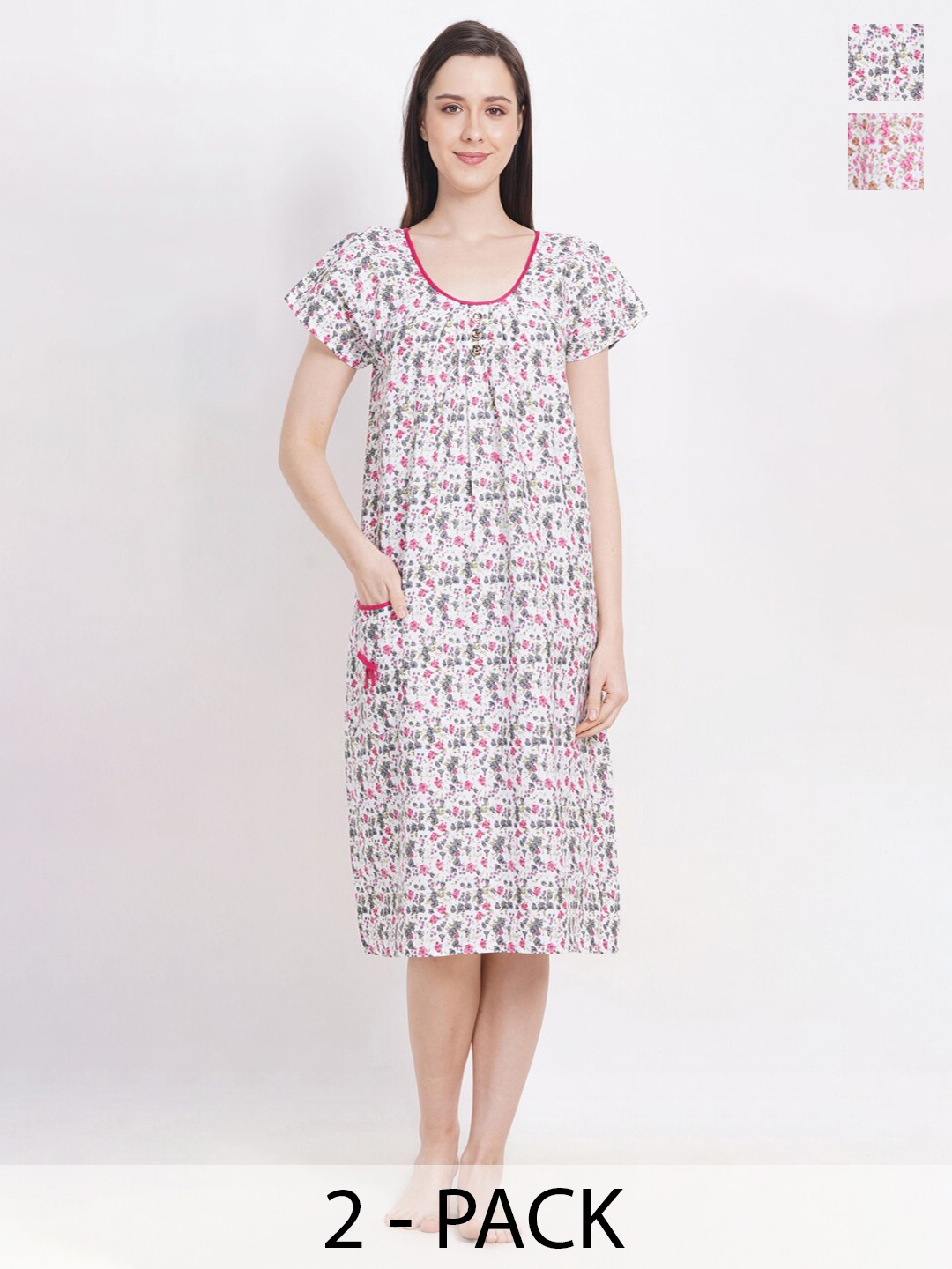 

Breezly Pack Of 2 Floral Printed Pure Cotton Nightdress, White