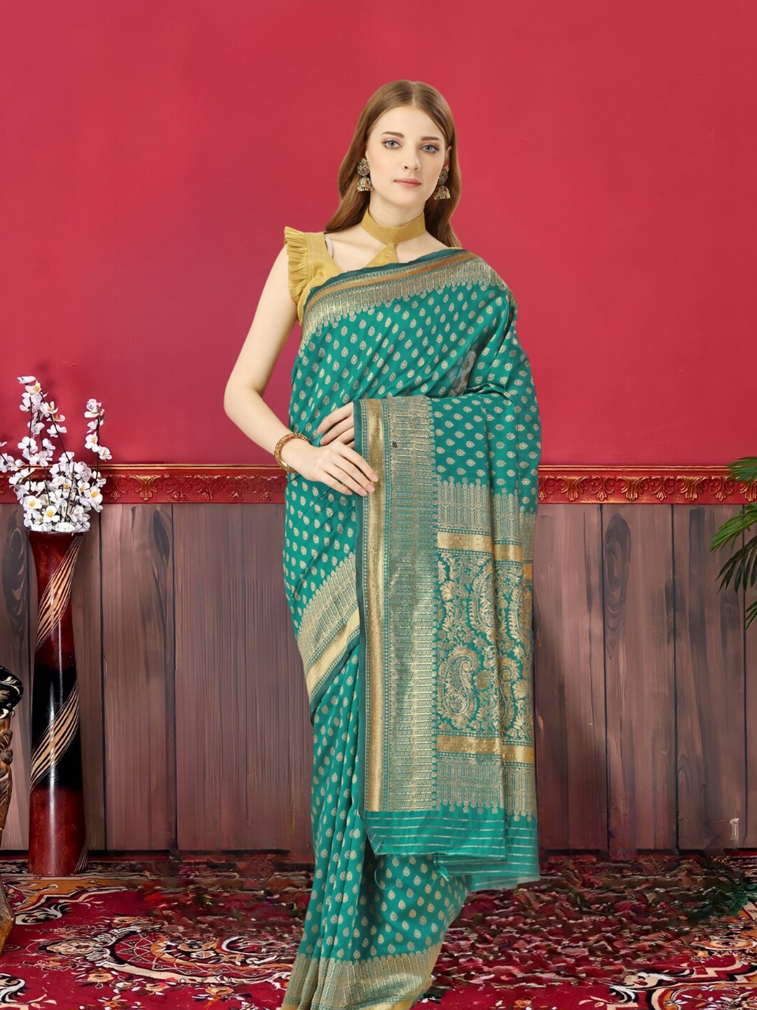 

MAGMINA Ethnic Motifs Woven Design Silk Cotton Zari Banarasi Saree, Green