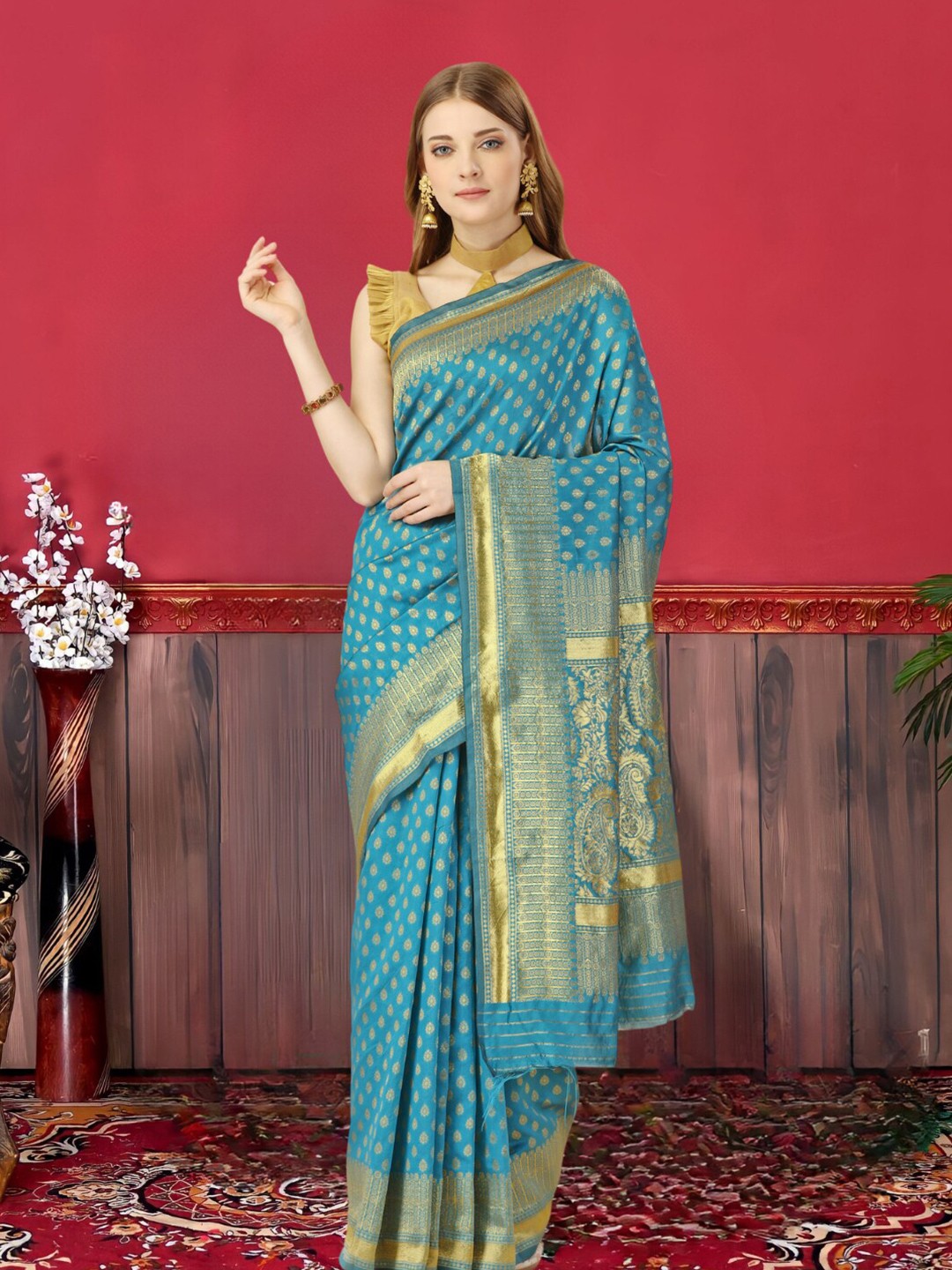 

MAGMINA Ethnic Motifs Woven Design Silk Cotton Zari Banarasi Saree, Blue