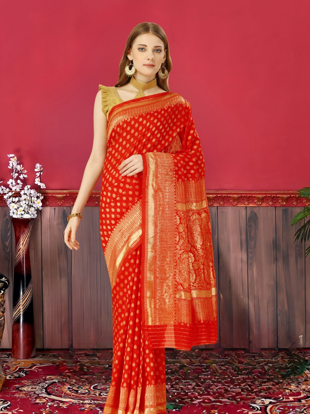 

MAGMINA Ethnic Motifs Woven Design Silk Cotton Zari Banarasi Saree, Red
