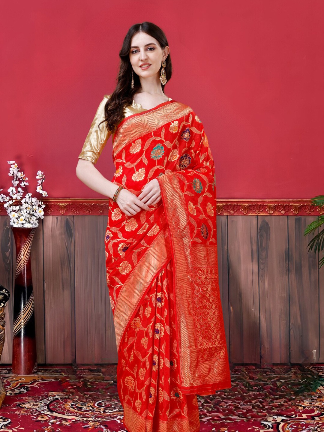 

MAGMINA Ethnic Motifs Woven Design Silk Cotton Zari Banarasi Saree, Red