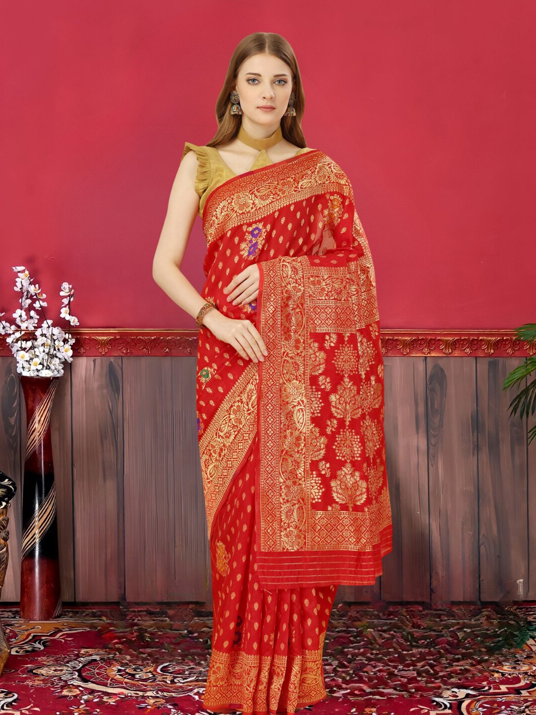 MAGMINA Ethnic Motifs Woven Design Silk Cotton Zari Banarasi Saree, Red