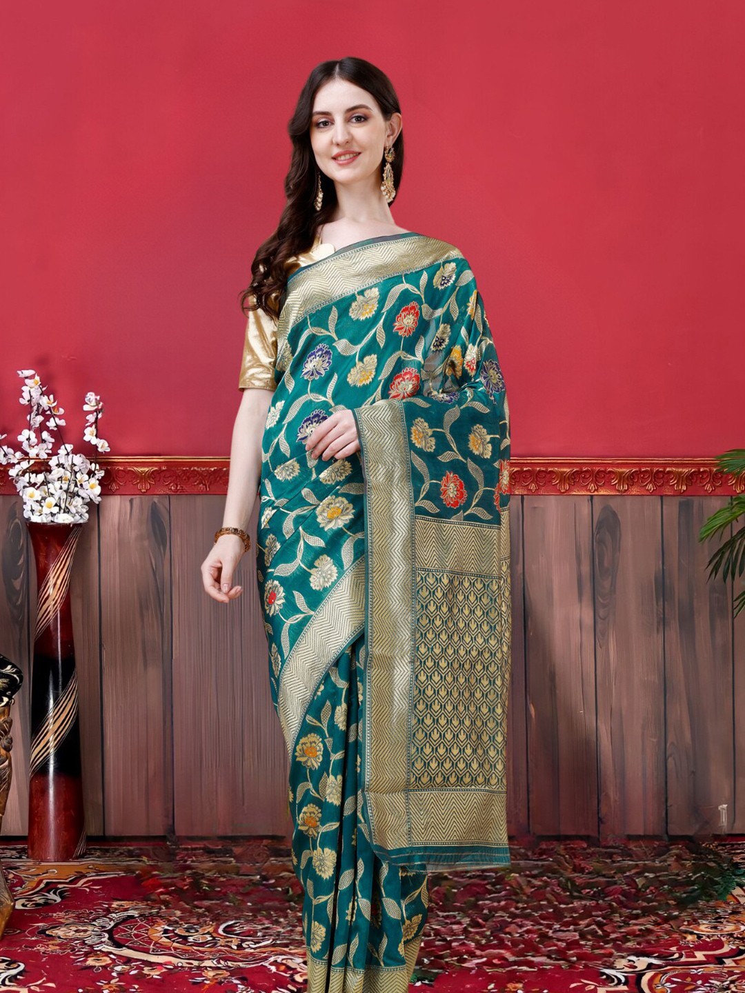 

MAGMINA Ethnic Motifs Woven Design Silk Cotton Zari Banarasi Saree, Blue