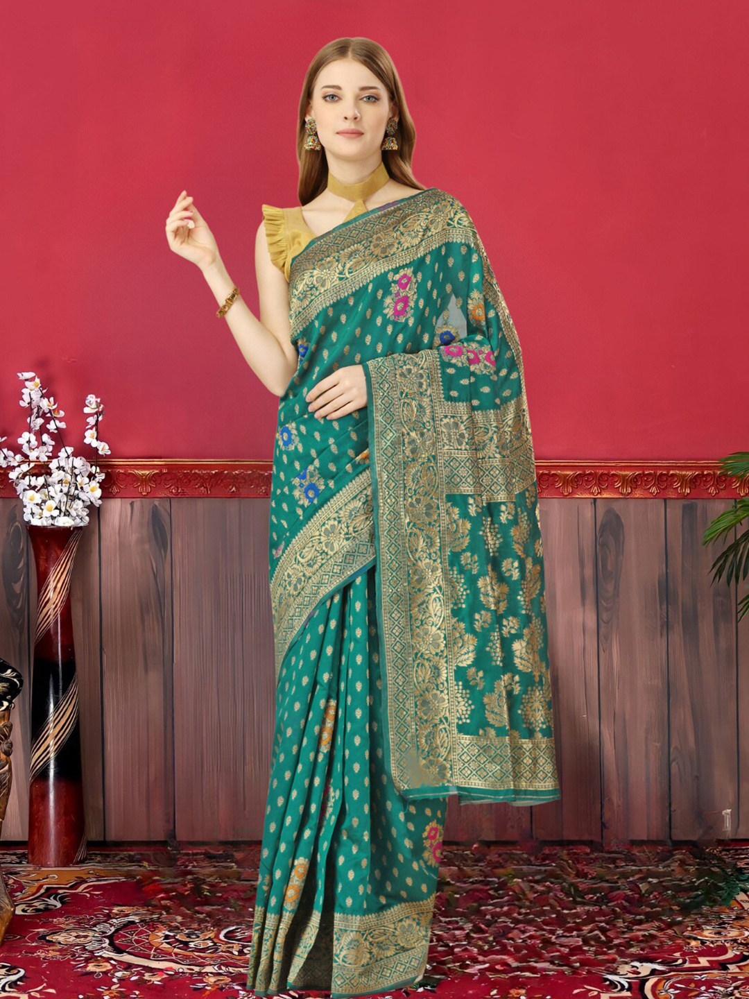 MAGMINA Ethnic Motifs Woven Design Silk Cotton Zari Banarasi Saree, Green
