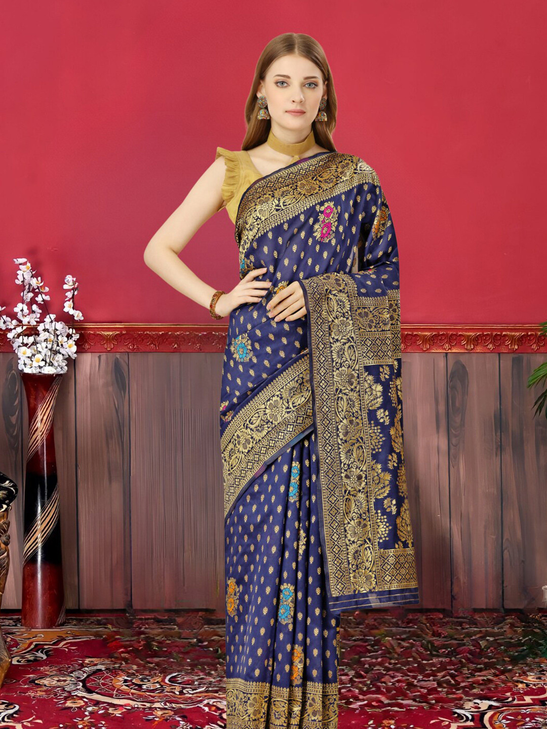

MAGMINA Ethnic Motifs Woven Design Silk Cotton Zari Banarasi Saree, Navy blue