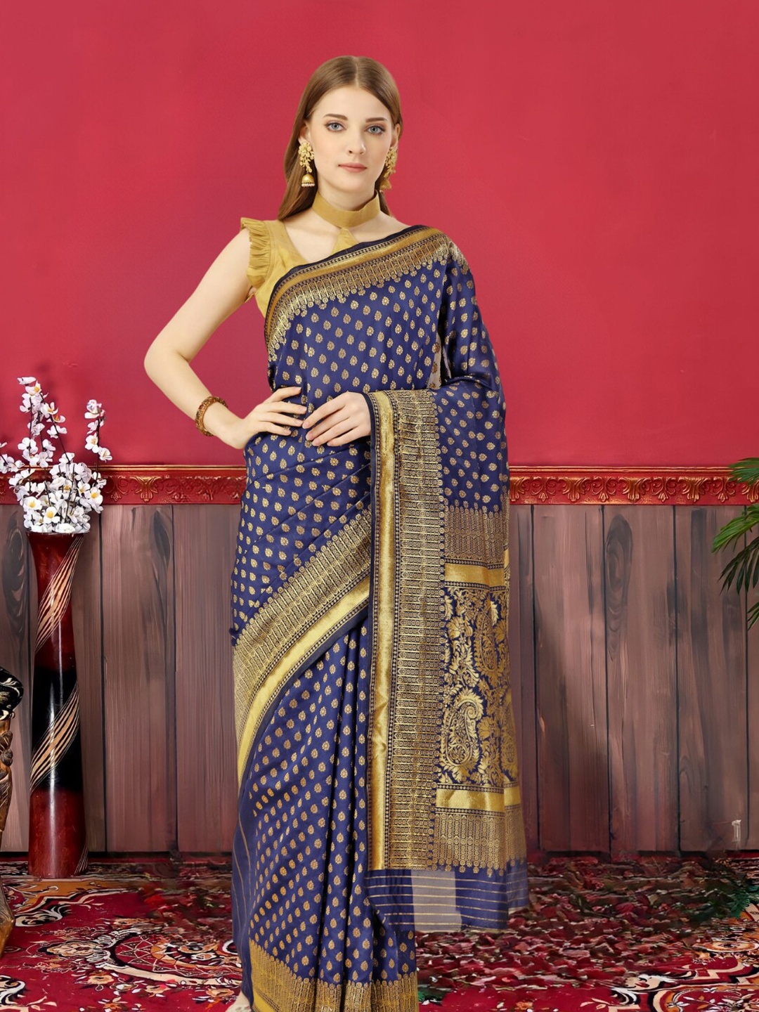 

MAGMINA Ethnic Motifs Woven Design Silk Cotton Zari Banarasi Saree, Navy blue