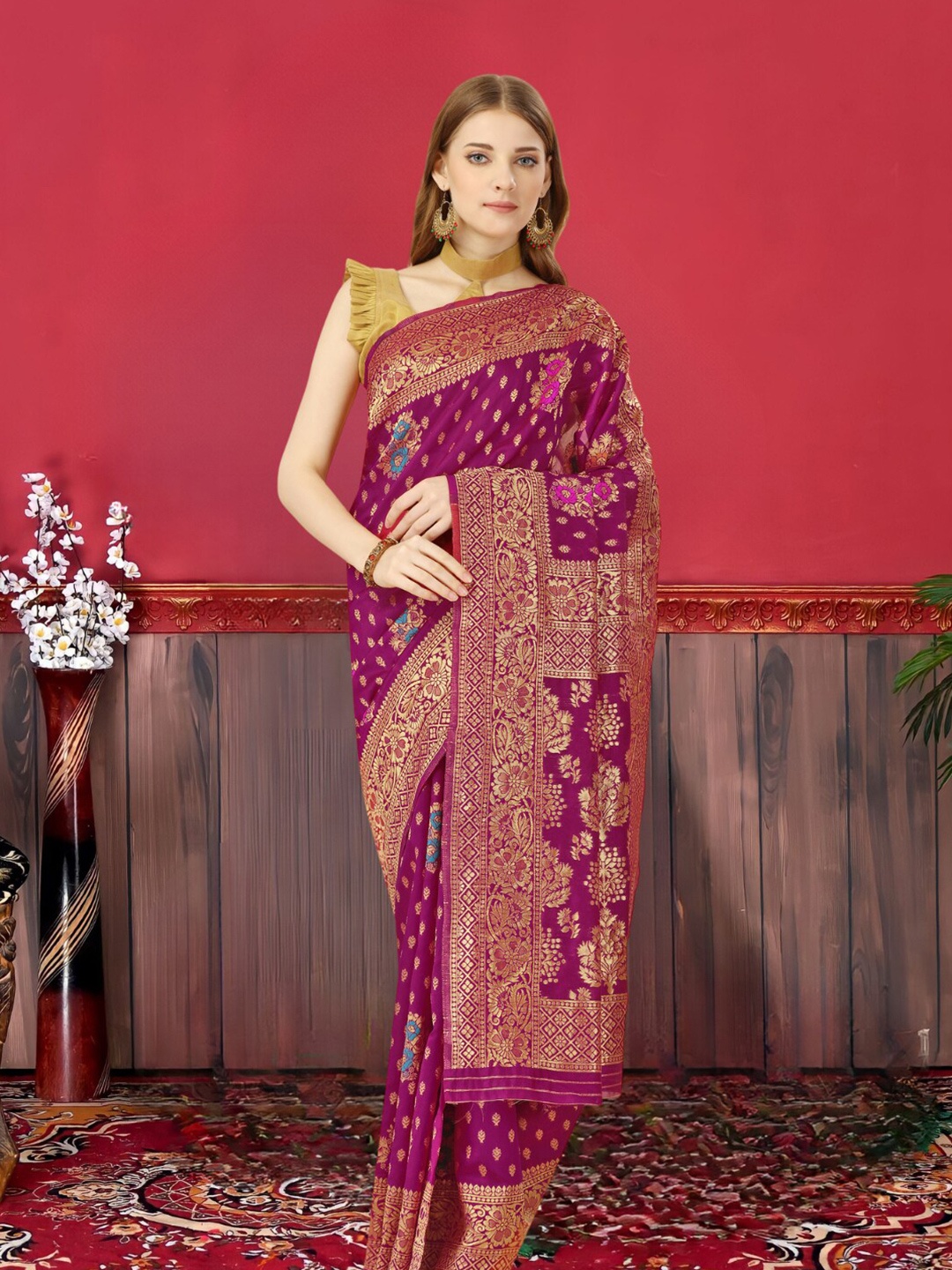 

MAGMINA Floral Patchwork Silk Cotton Banarasi Saree, Purple