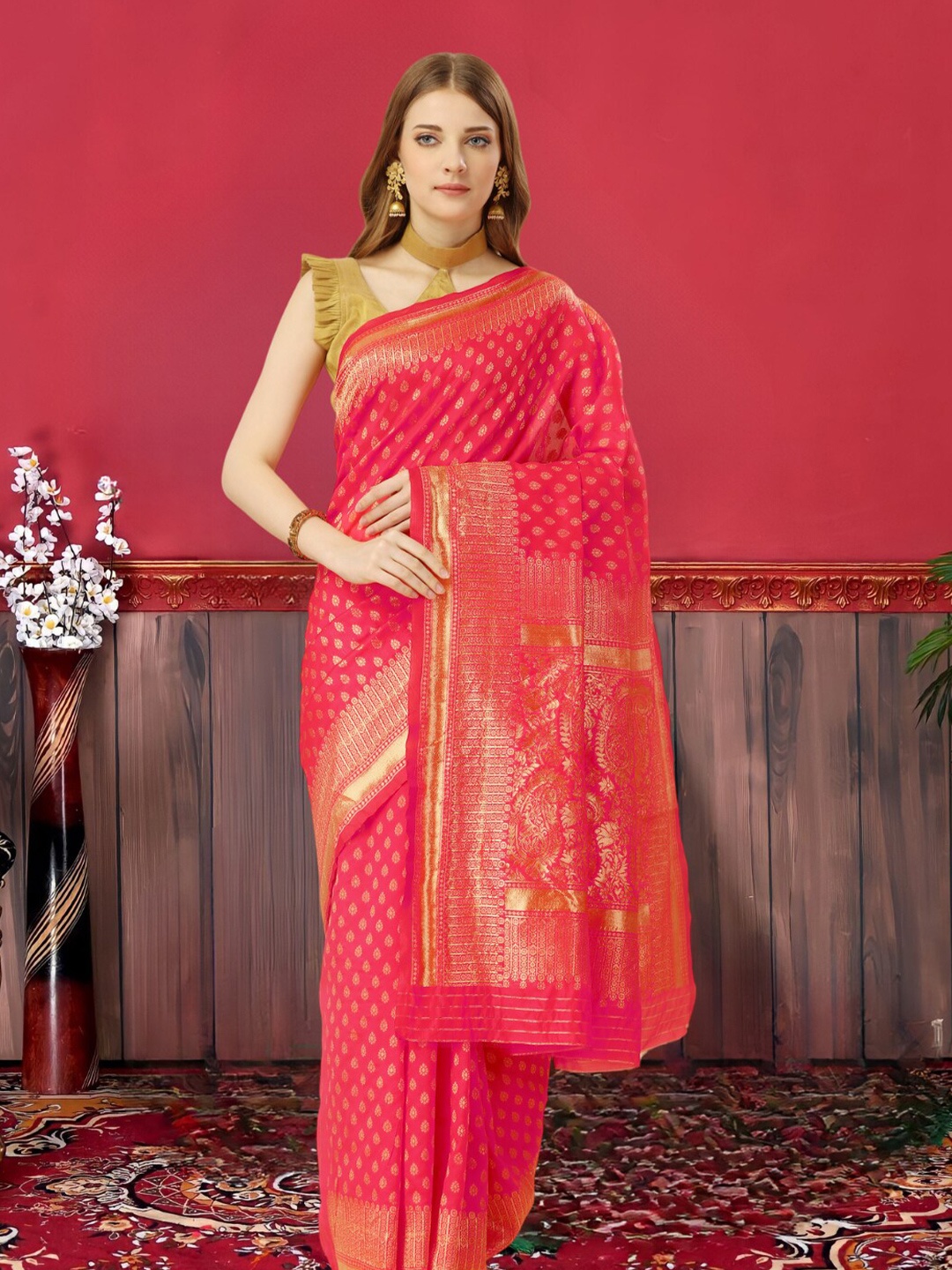 

MAGMINA Ethnic Motifs Woven Design Silk Cotton Zari Banarasi Saree, Pink