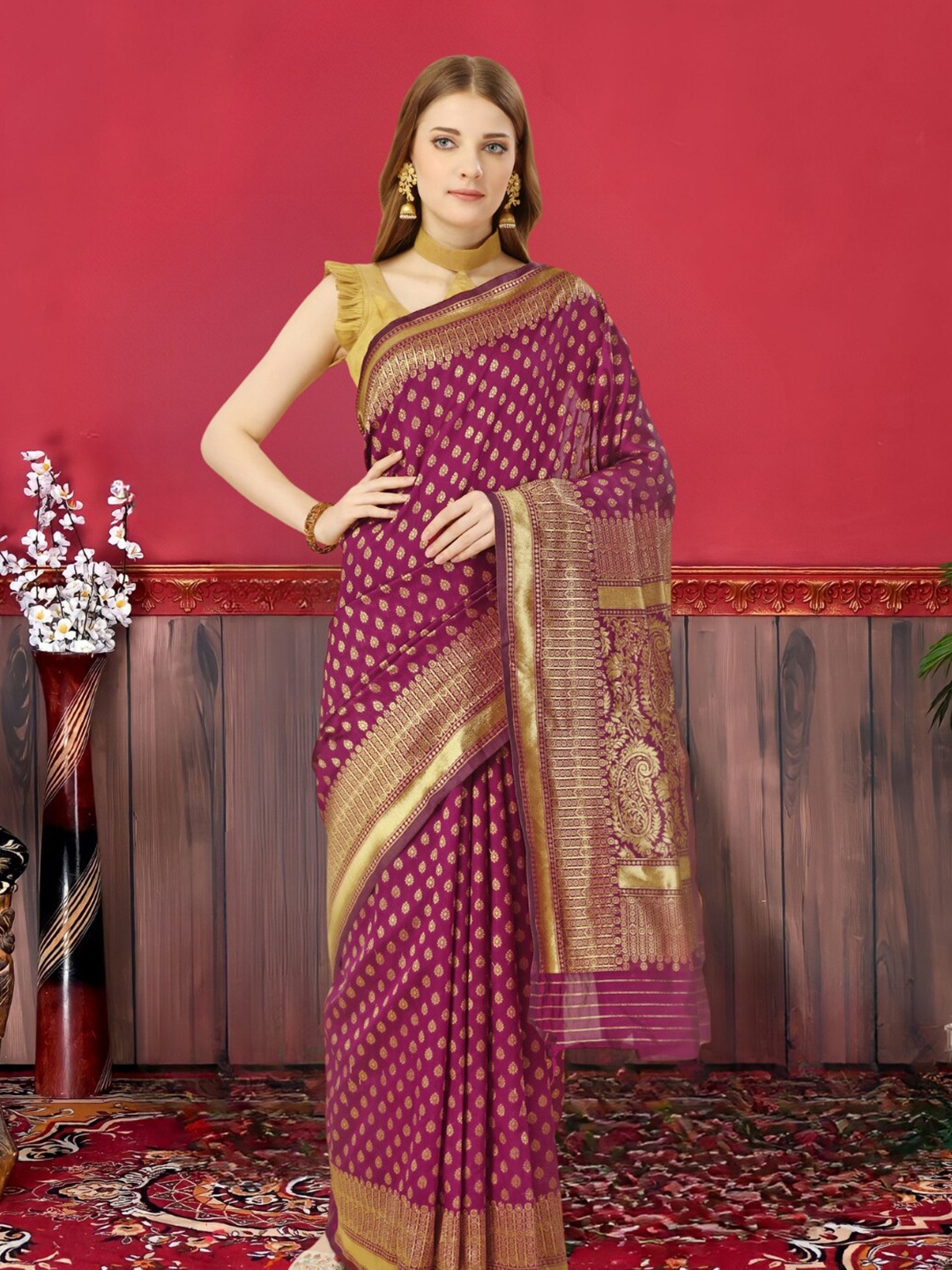 

MAGMINA Ethnic Motifs Woven Design Silk Cotton Zari Banarasi Saree, Purple
