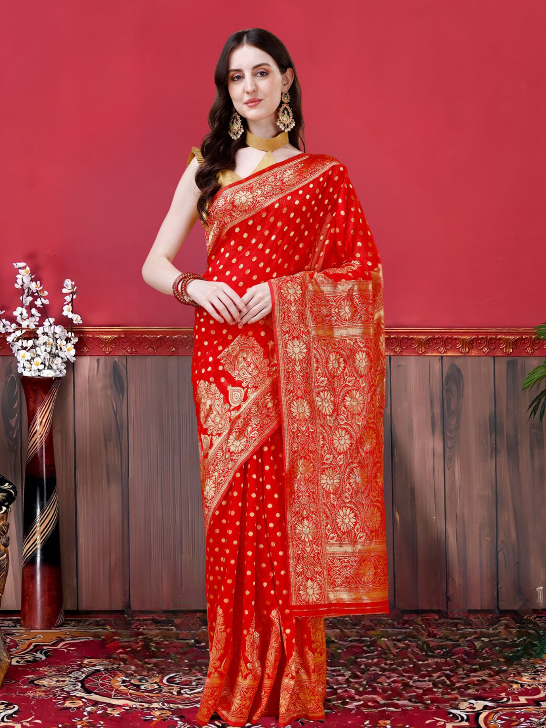 

MAGMINA Ethnic Motifs Woven Design Silk Cotton Zari Banarasi Saree, Red
