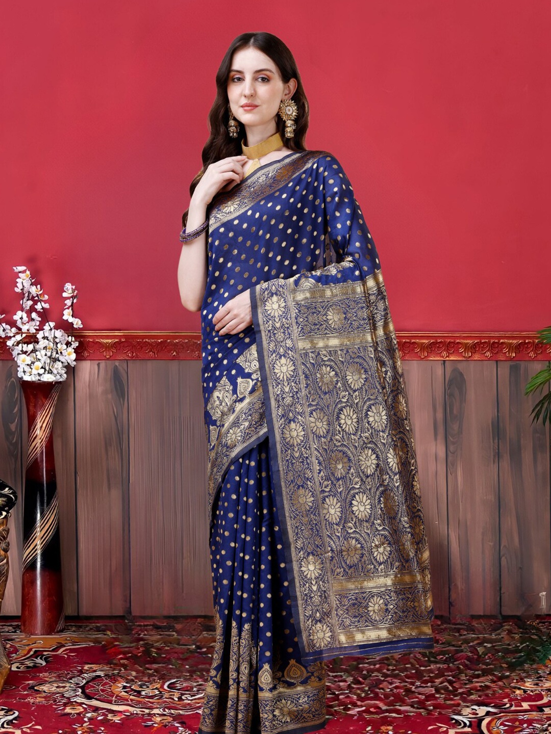 MAGMINA Ethnic Motifs Woven Design Silk Cotton Zari Banarasi Saree, Navy blue