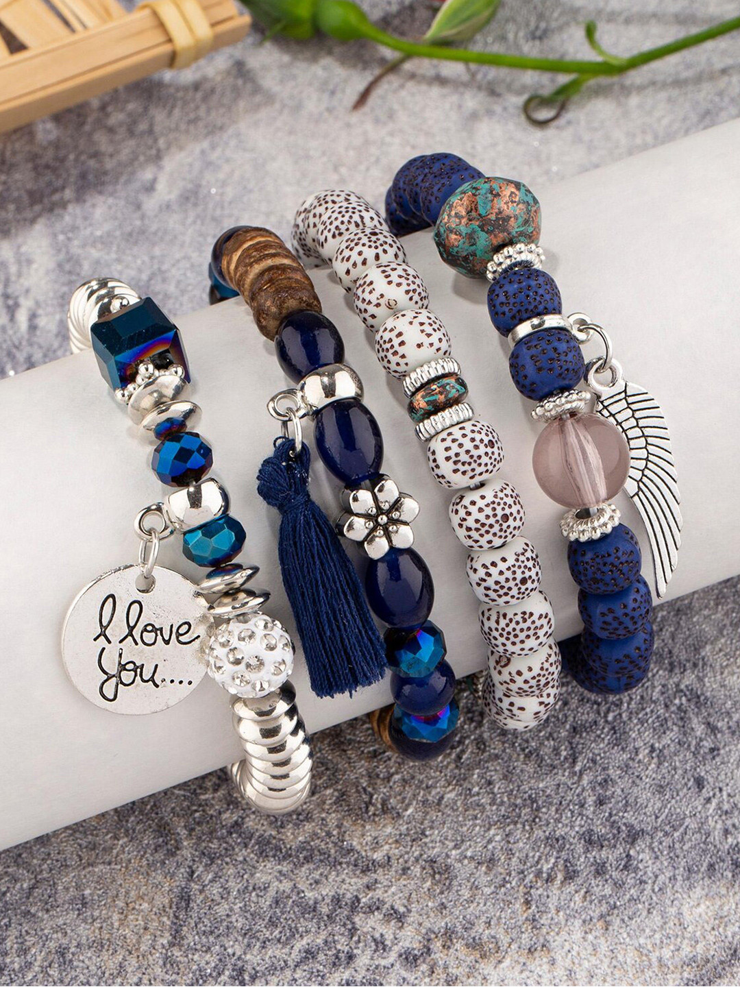 

Shining Diva Fashion Set Of 4 Silver-Plated Charm Bracelet