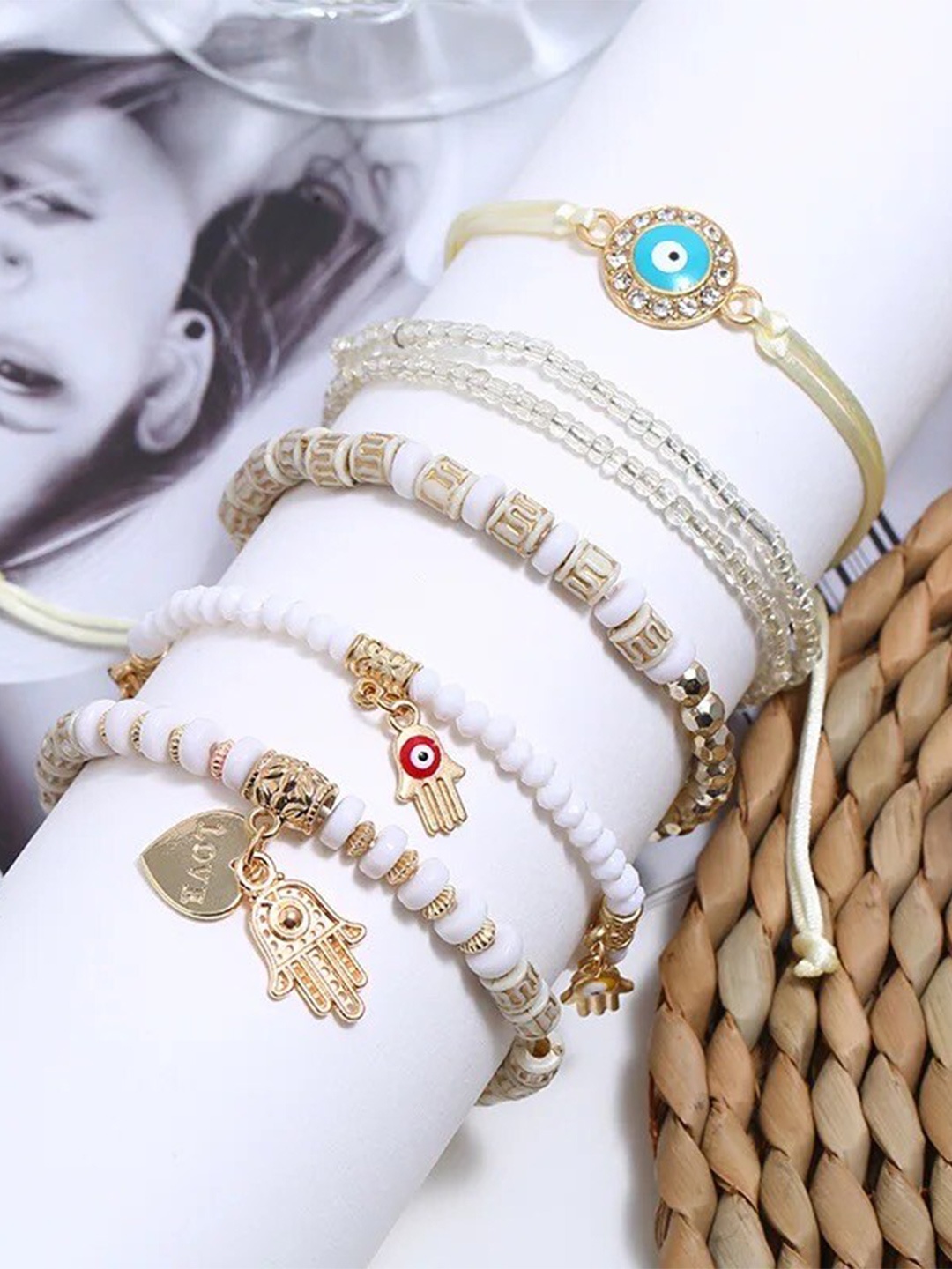 

Shining Diva Fashion Set Of 6 Beige Gold-Plated Charm Bracelet