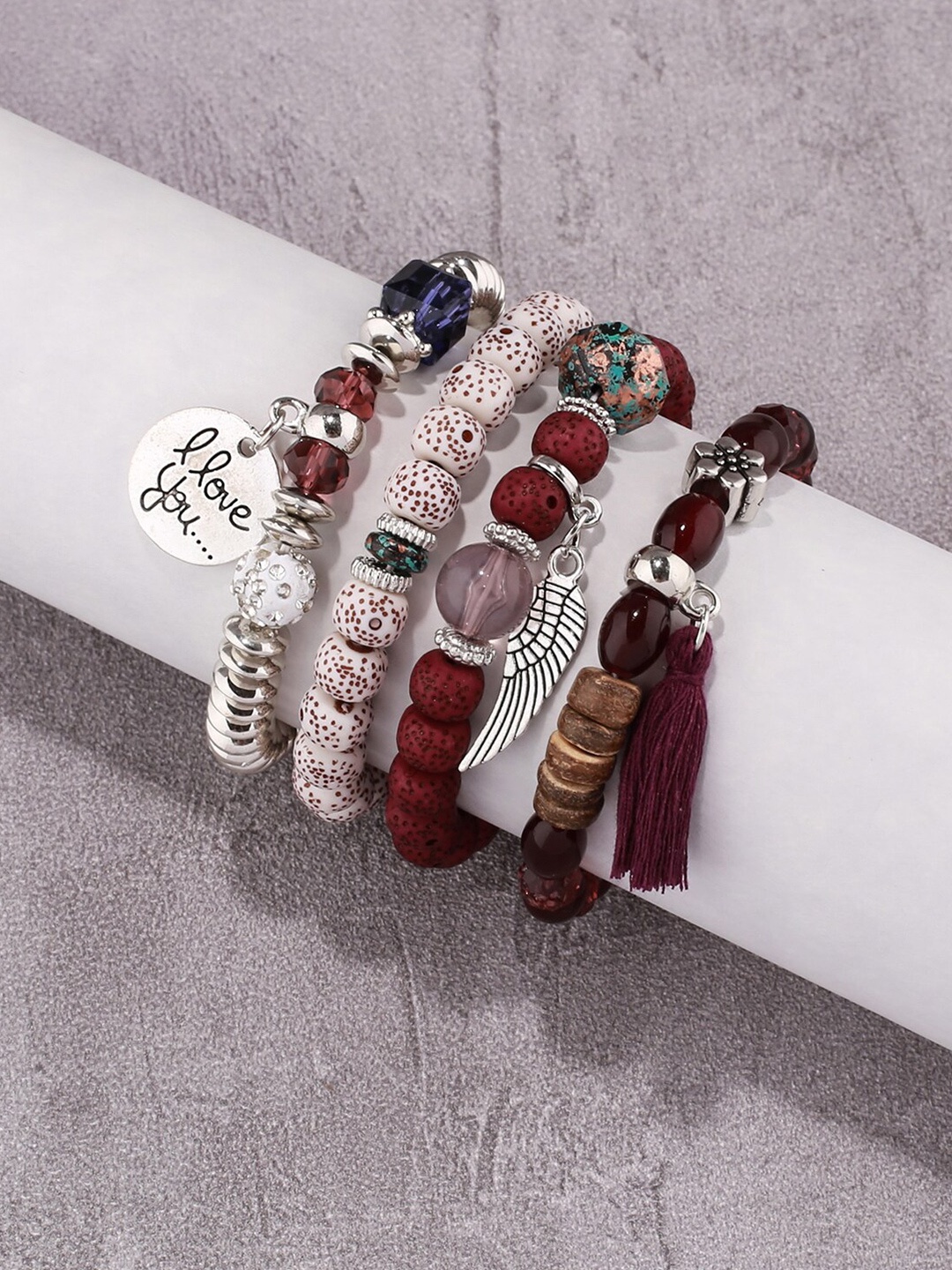 Shining Diva Fashion Set Of 4 Multicoloured Silver-Plated Charm Bracelet