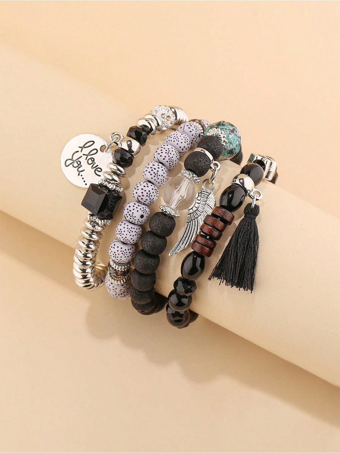 

Shining Diva Fashion Set Of 4 Black Silver-Plated Charm Bracelet