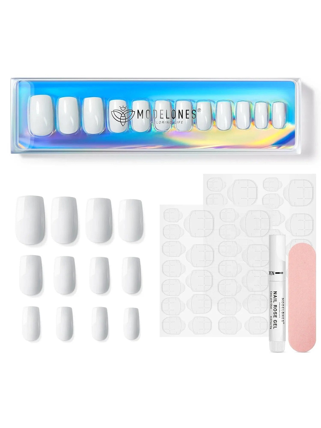 Modelones 24Pcs Fake Medium Square Press On Nails Kit - Miss Code, White