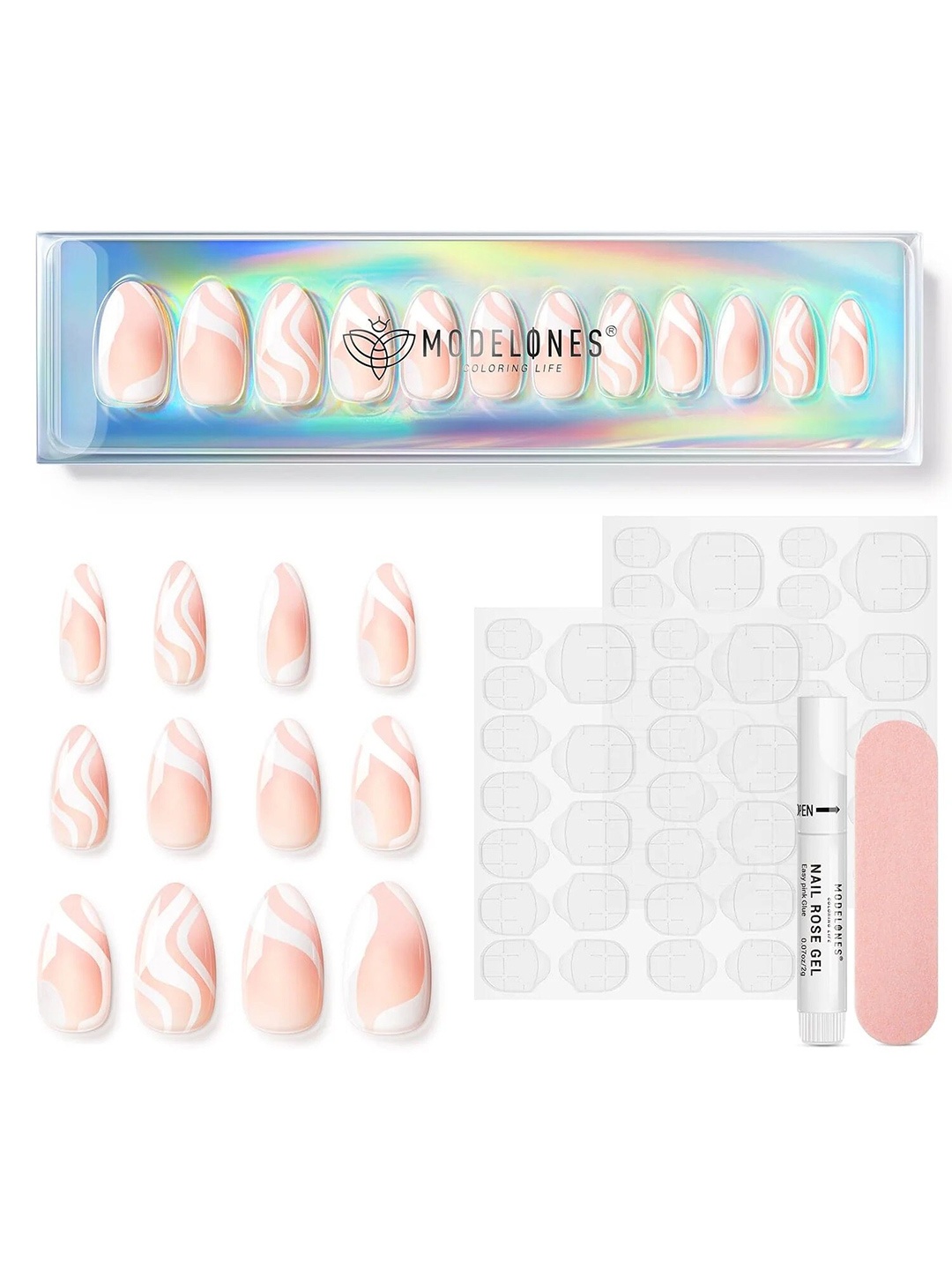

Modelones 24Pcs Fake Short Almond Press On Nails Kit - Line Waves, White