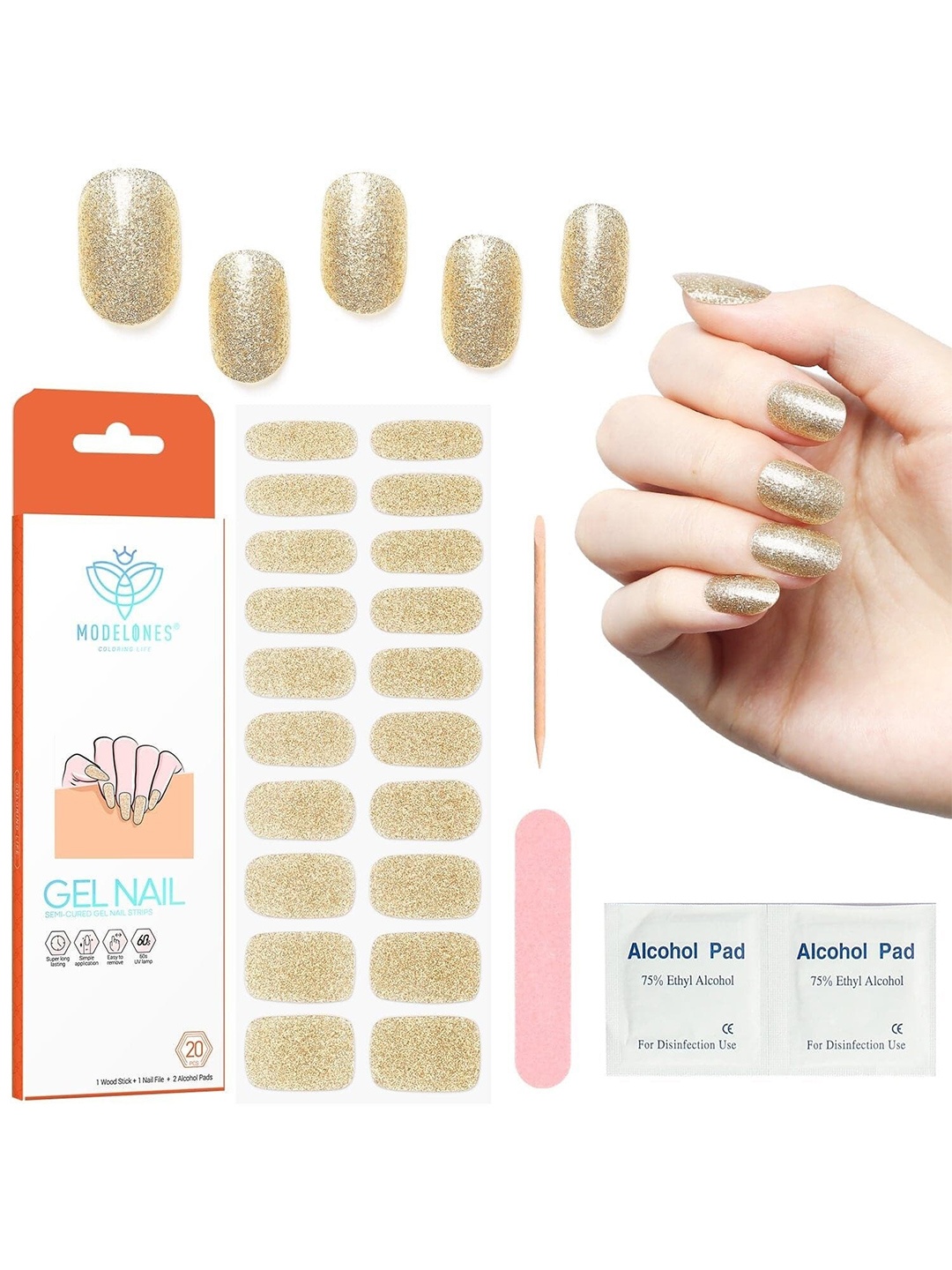 

Modelones 20-Pcs Semi-Cured Gel Nail Strips - Champagne Gold