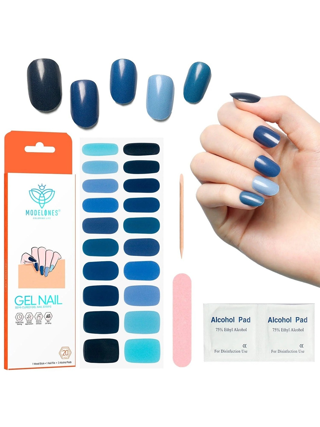 

Modelones 20-Pcs Semi-Cured Gel Nail Strips - In the Ocean, Blue