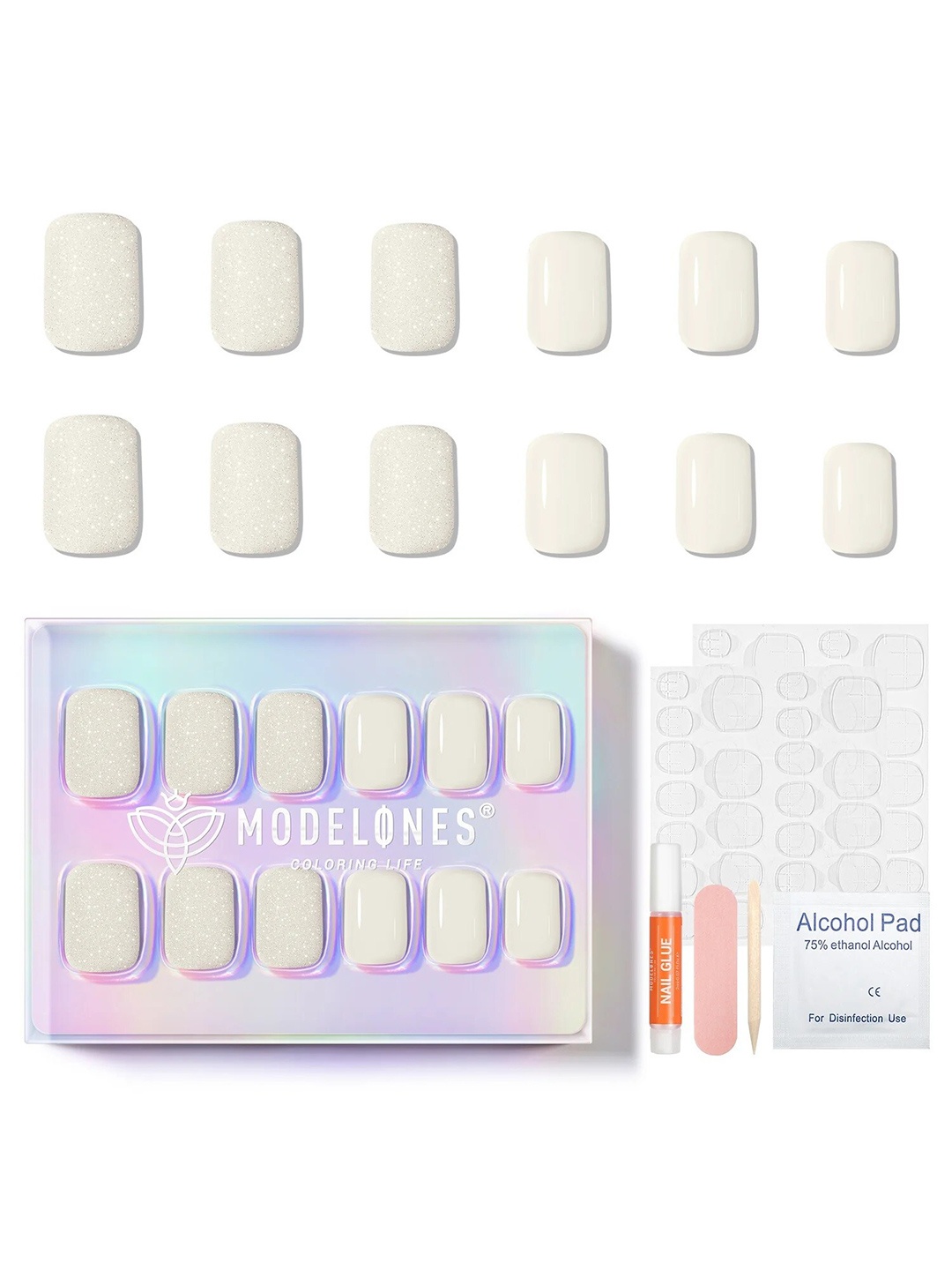 

Modelones 24Pcs Short Almond Press On Nail Kit - Morning Dew, White
