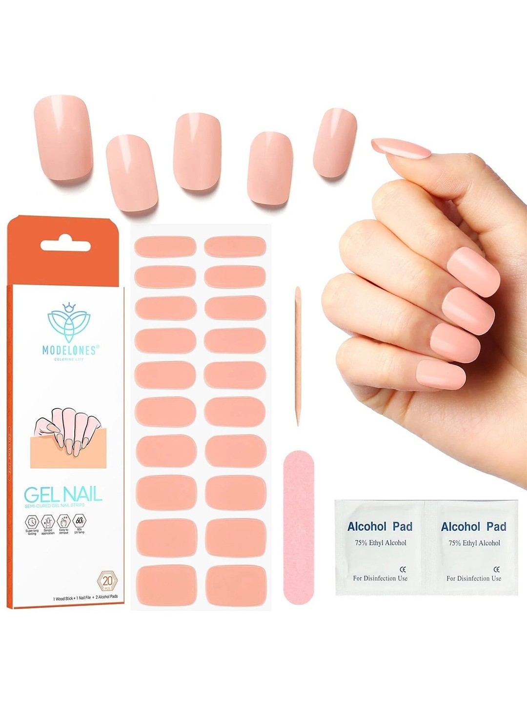 

Modelones 20-Pcs Semi-Cured Gel Nail Strips - Blossom Pink, Brown