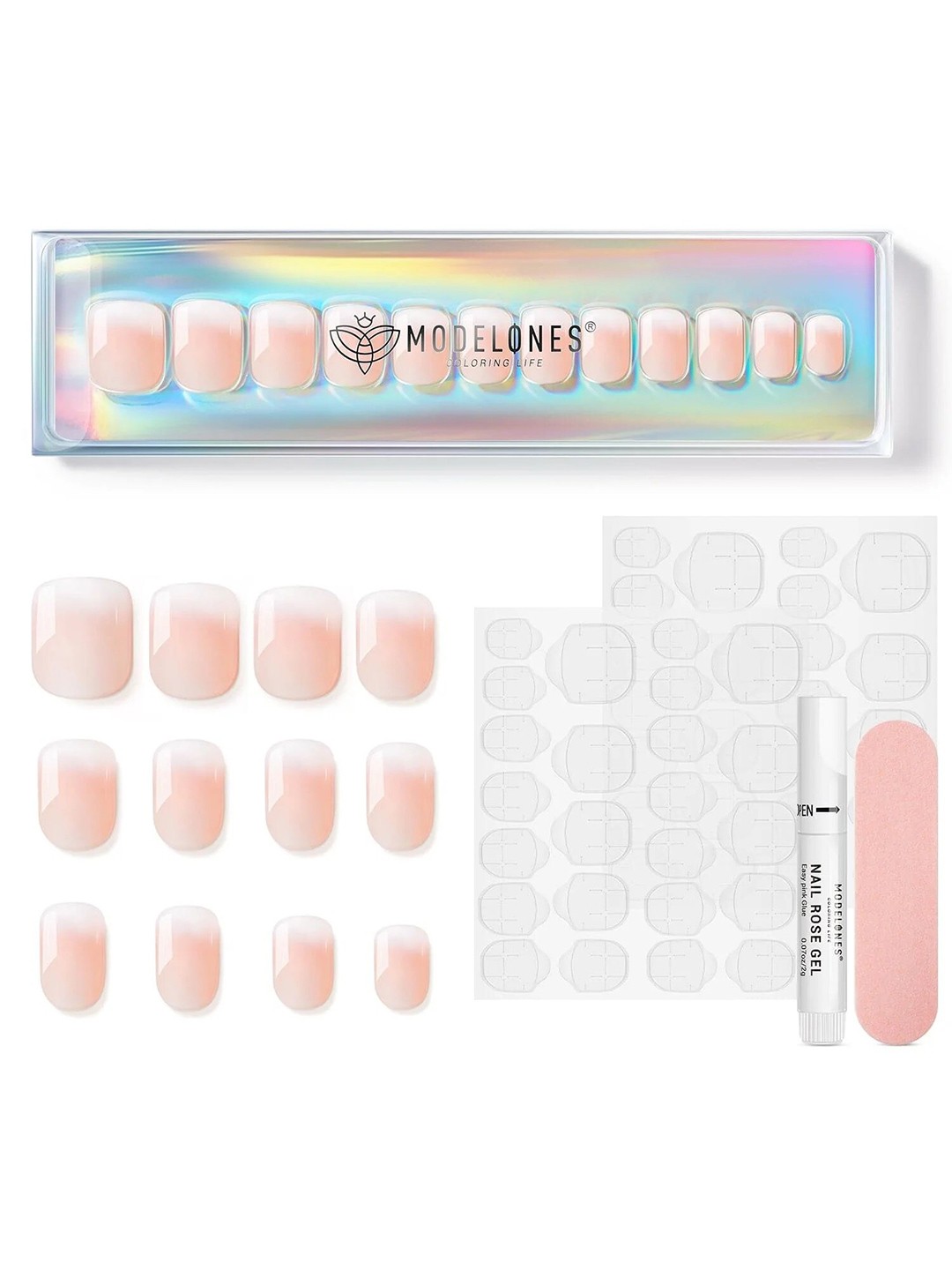 Modelones 24Pcs Short Squoval Press On Nail Kit - Rose Ombre, Nude