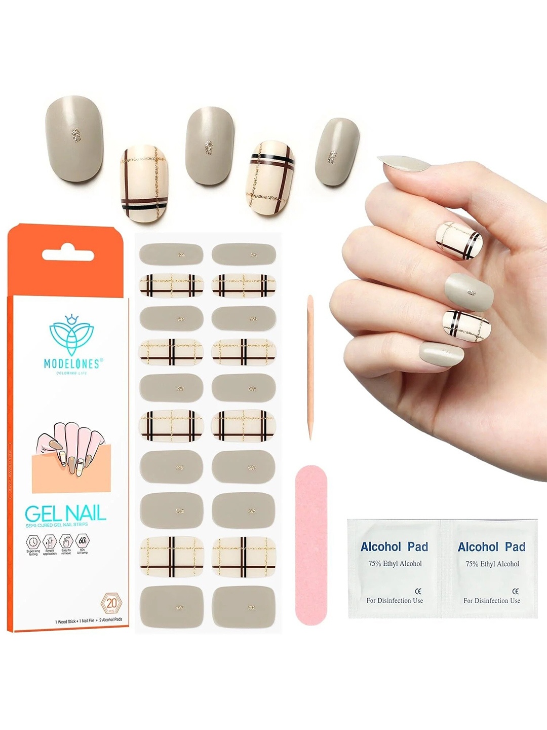 

Modelones 20-Pcs Semi-Cured Gel Nail Strips - British Plaid, Brown