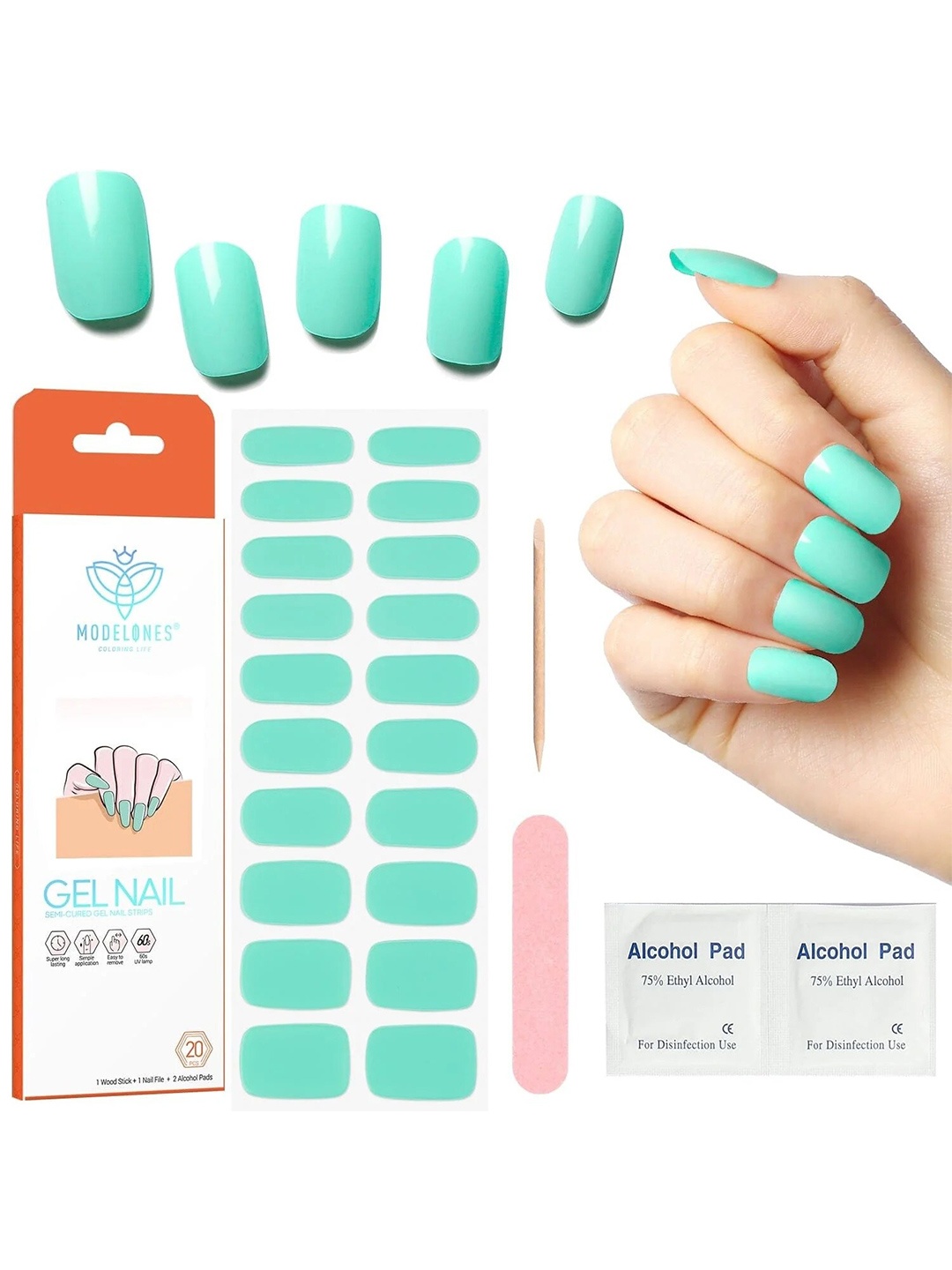 

Modelones 20-Pcs Semi-Cured Gel Nail Strips - Mint Blue, Green