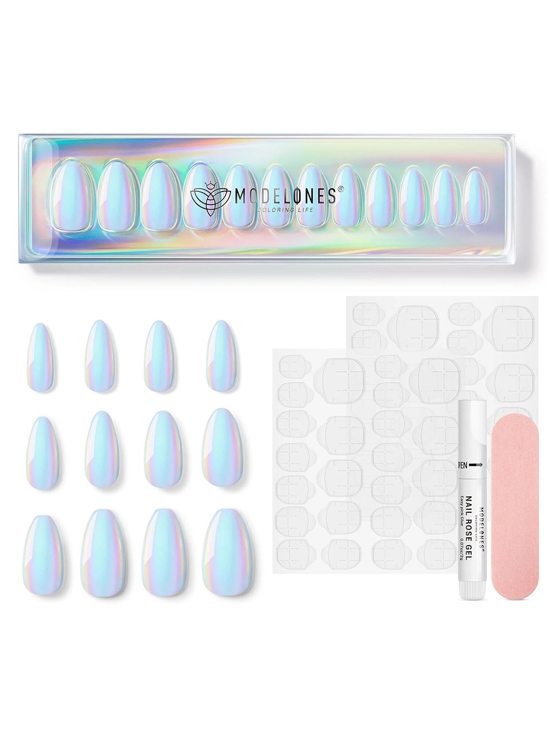 Modelones 24Pcs Short Almond Press On Nail Kit - Light Up, Blue