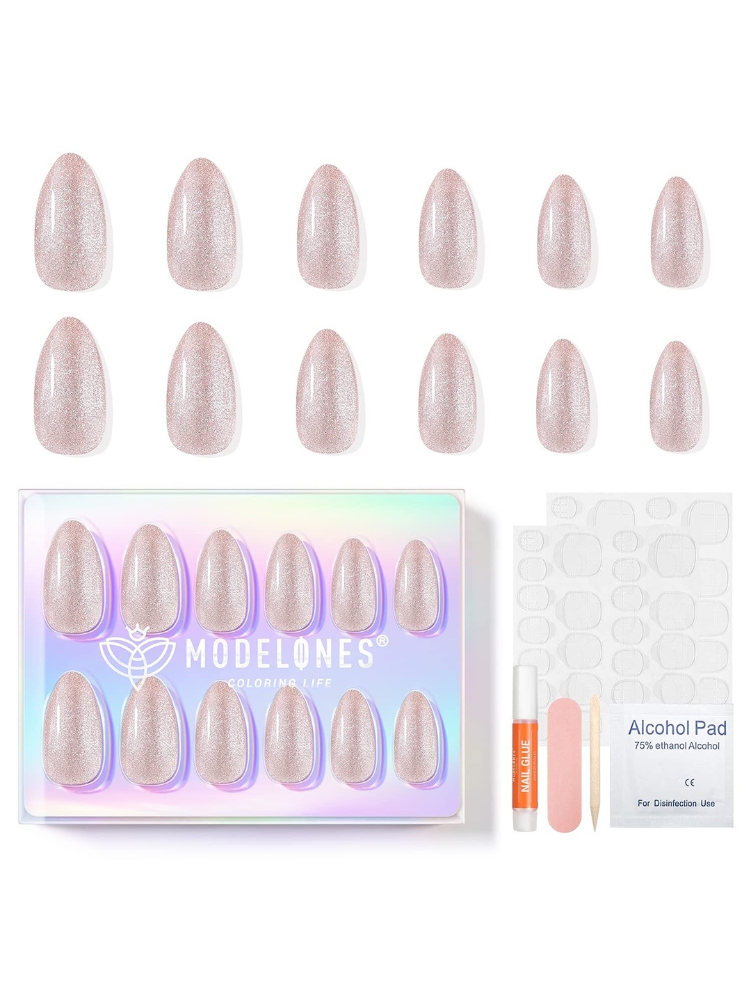 

Modelones 24Pcs Short Almond Press On Nail Kit - Velvet Almond, Pink