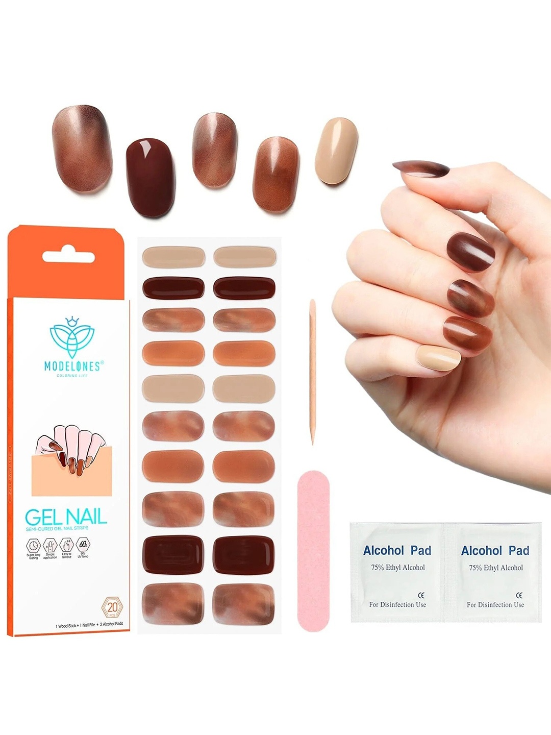 

Modelones 20-Pcs Semi-Cured Gel Nail Strips - Brown Marble