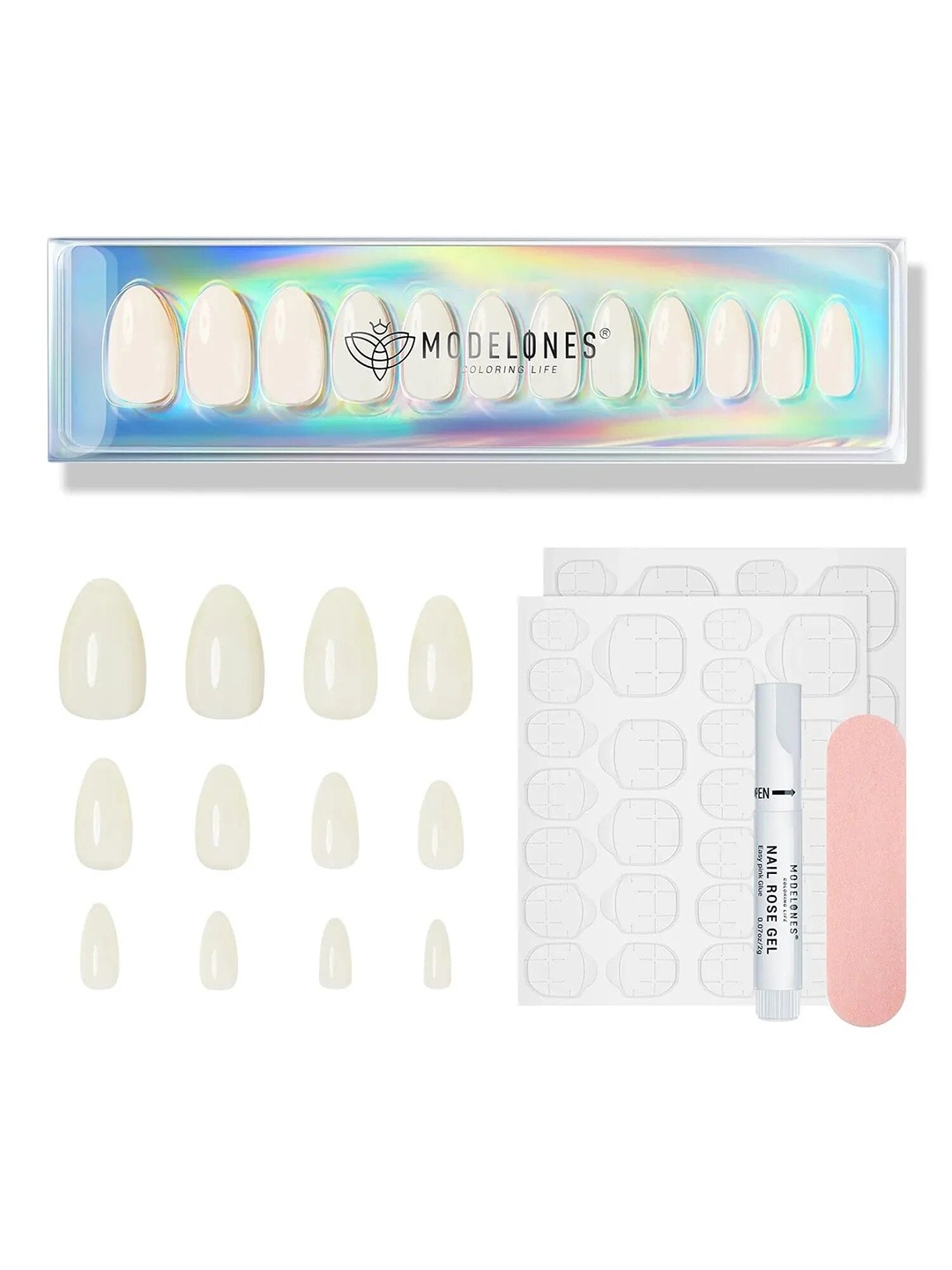 

Modelones 24Pcs Short Almond Press On Nail Kit - Milky Way, White