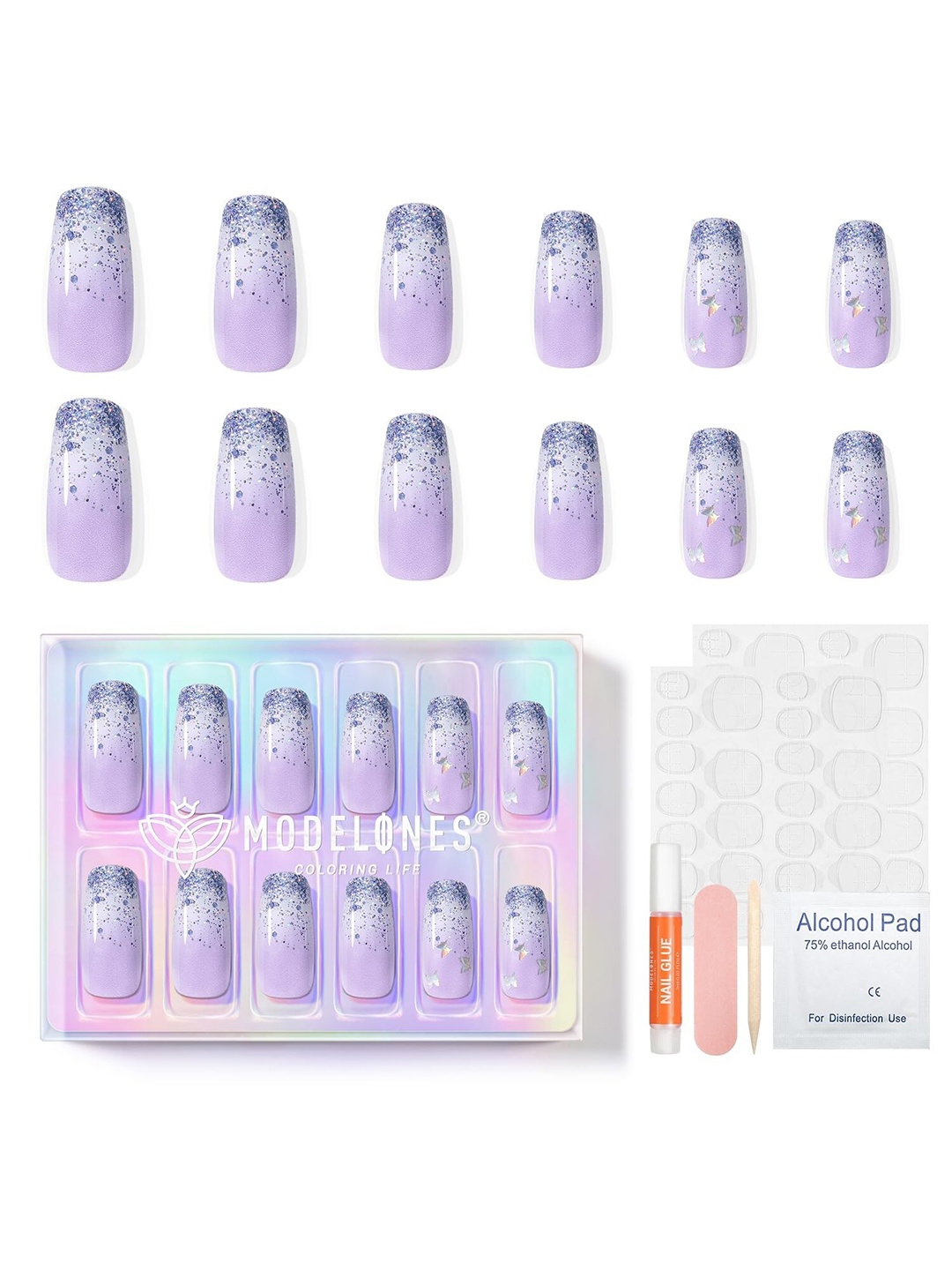 

Modelones 24Pcs Short Almond Press On Nail Kit - Purple Butterfly