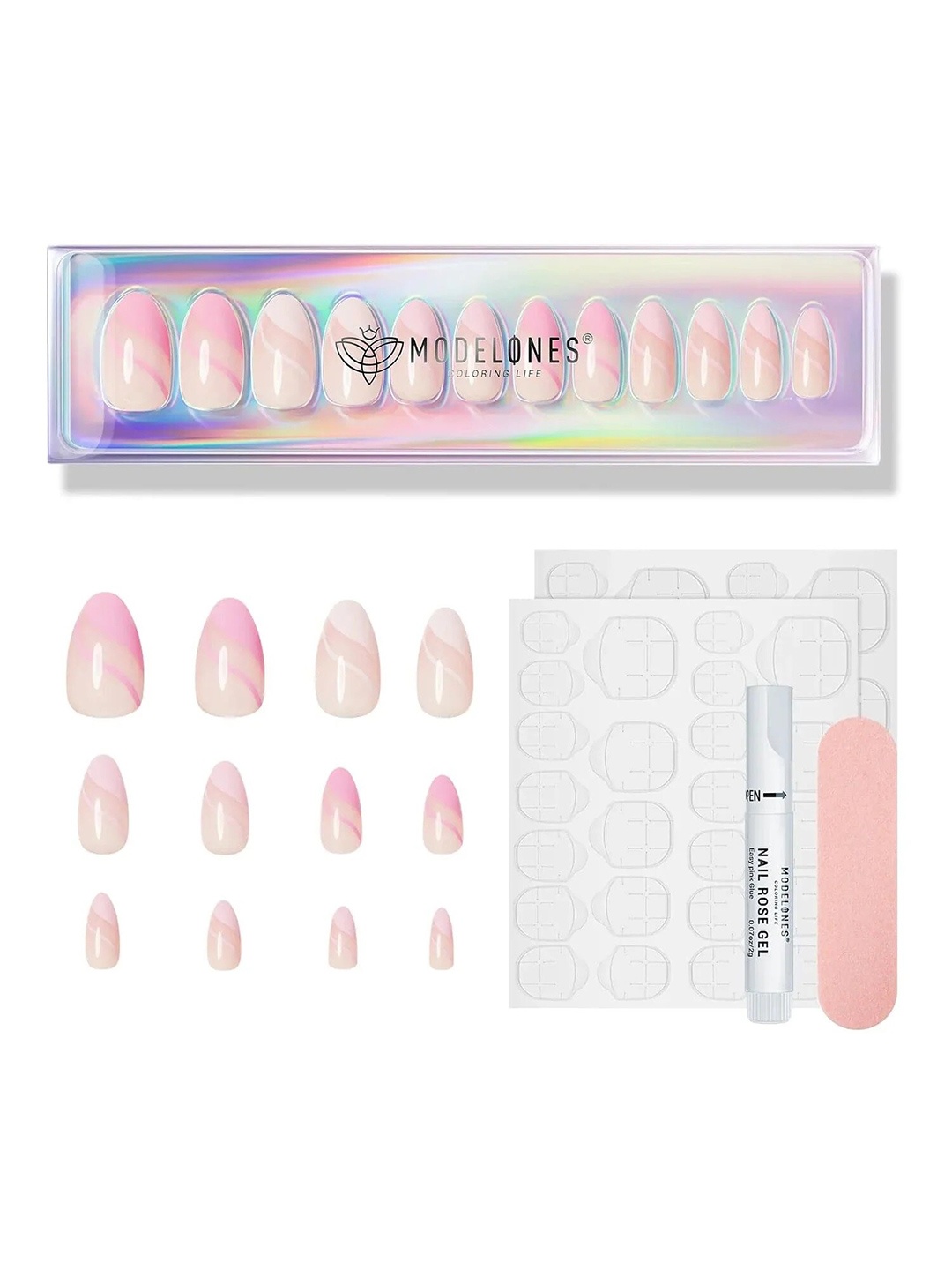 

Modelones 24Pcs Short Almond Press On Nail Kit - Pink Wave, Brown