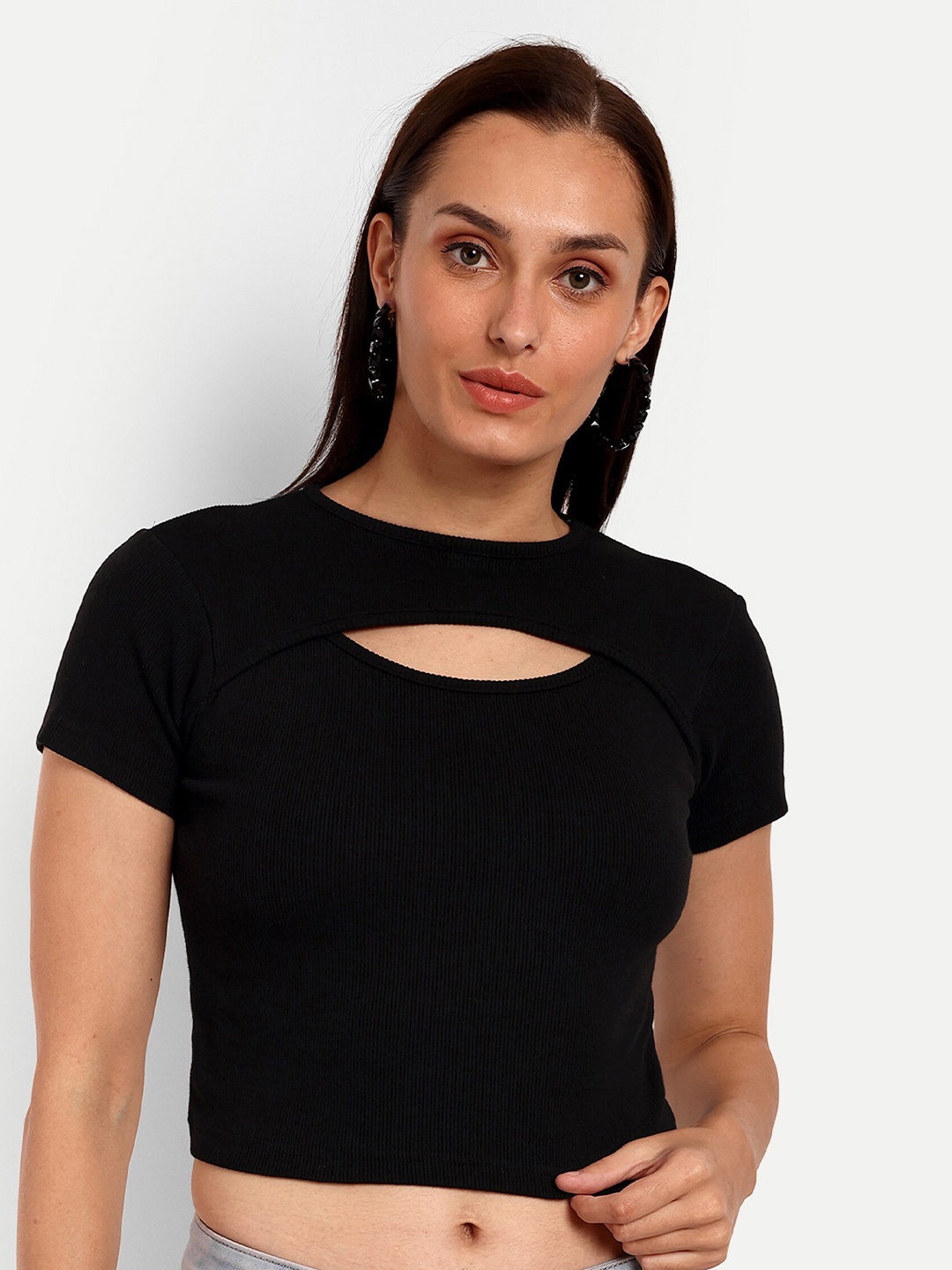 VISO High Neck Crop Fitted Top, Black