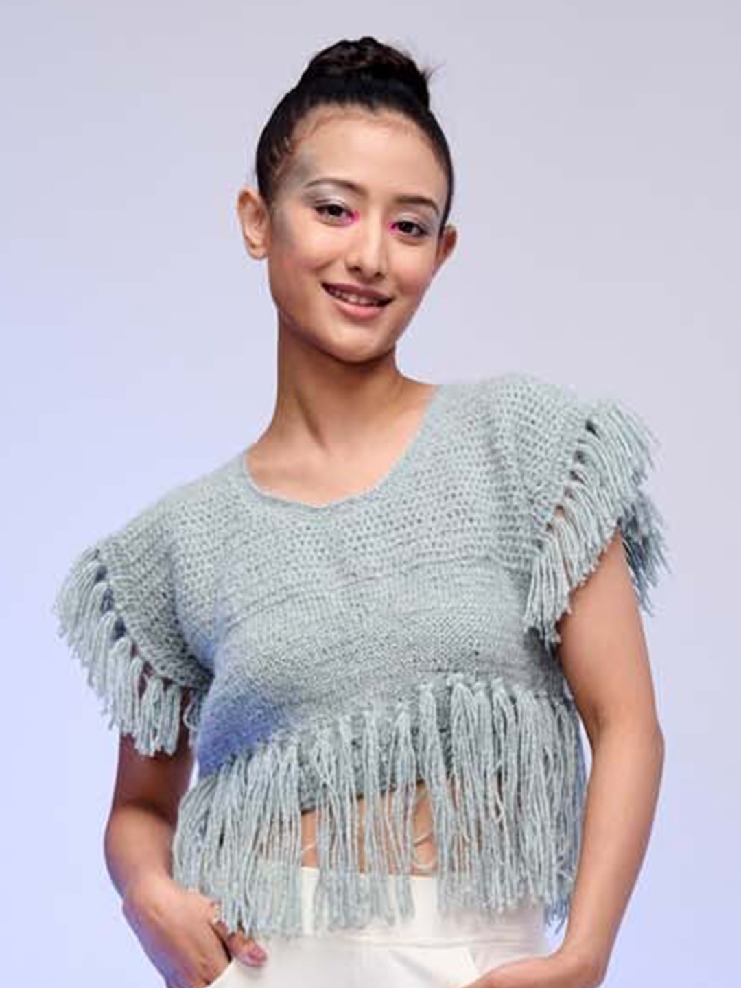 

Zanaash Self Design Flutter Sleeves Cotton Top, Grey