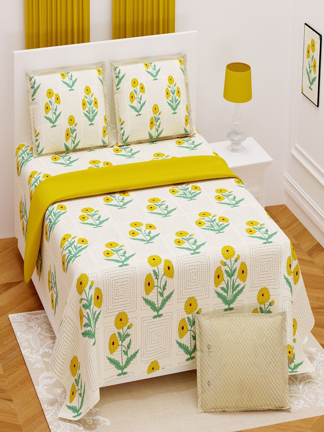 

Bombay Spreads Yellow Floral 180 TC King Bedsheet with 2 Pillow Covers