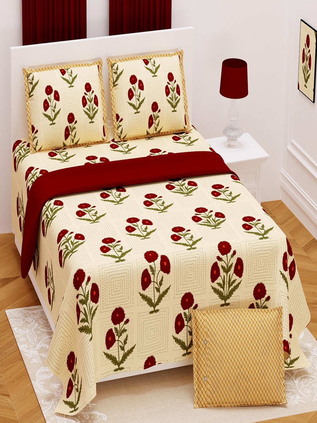 

Bombay Spreads Red Floral 180 TC King Bedsheet with 2 Pillow Covers, Yellow