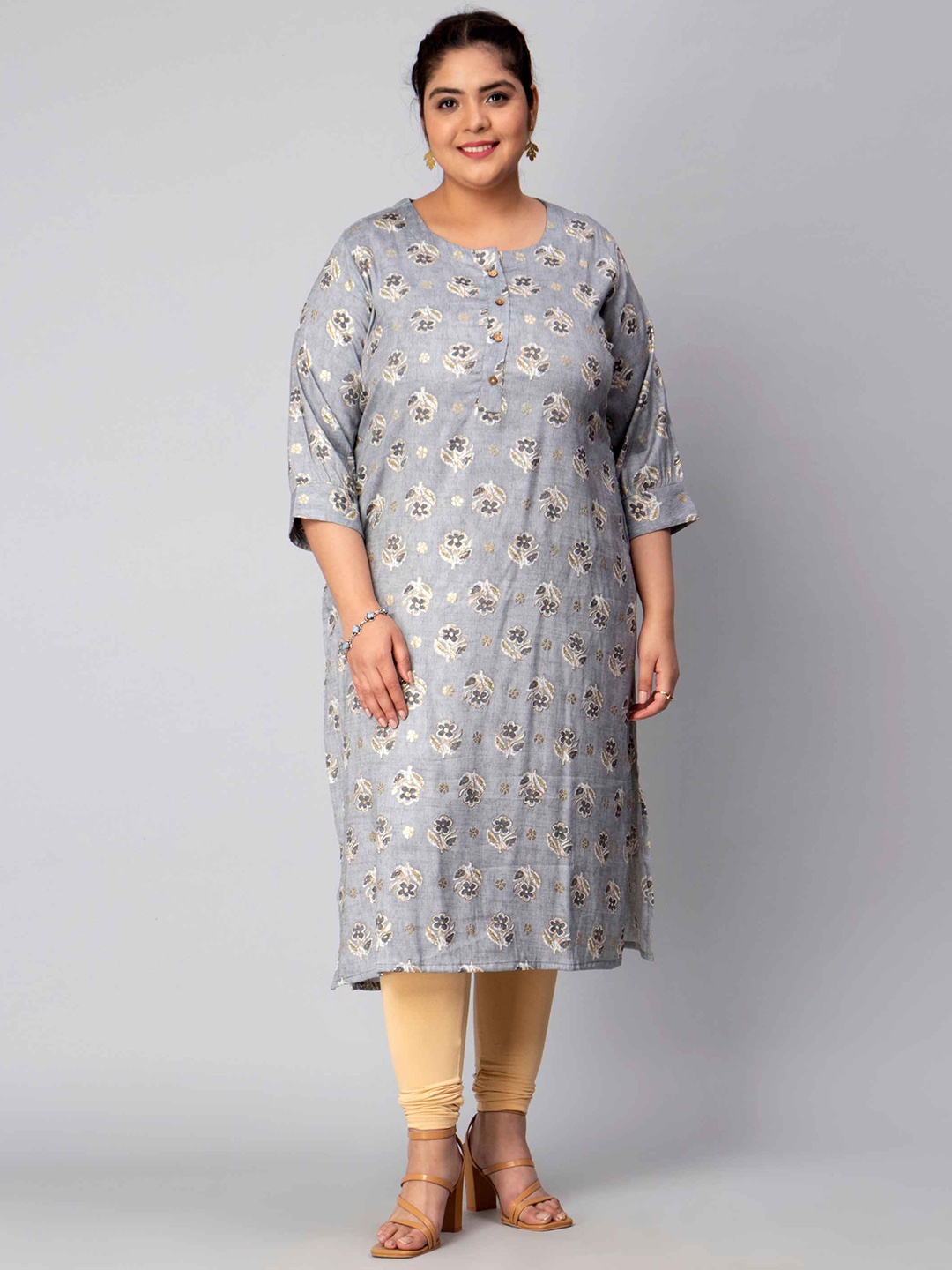 

Toodle Plus Floral Printed Round Neck Three-Quarter Sleeves Straight Kurta, Grey