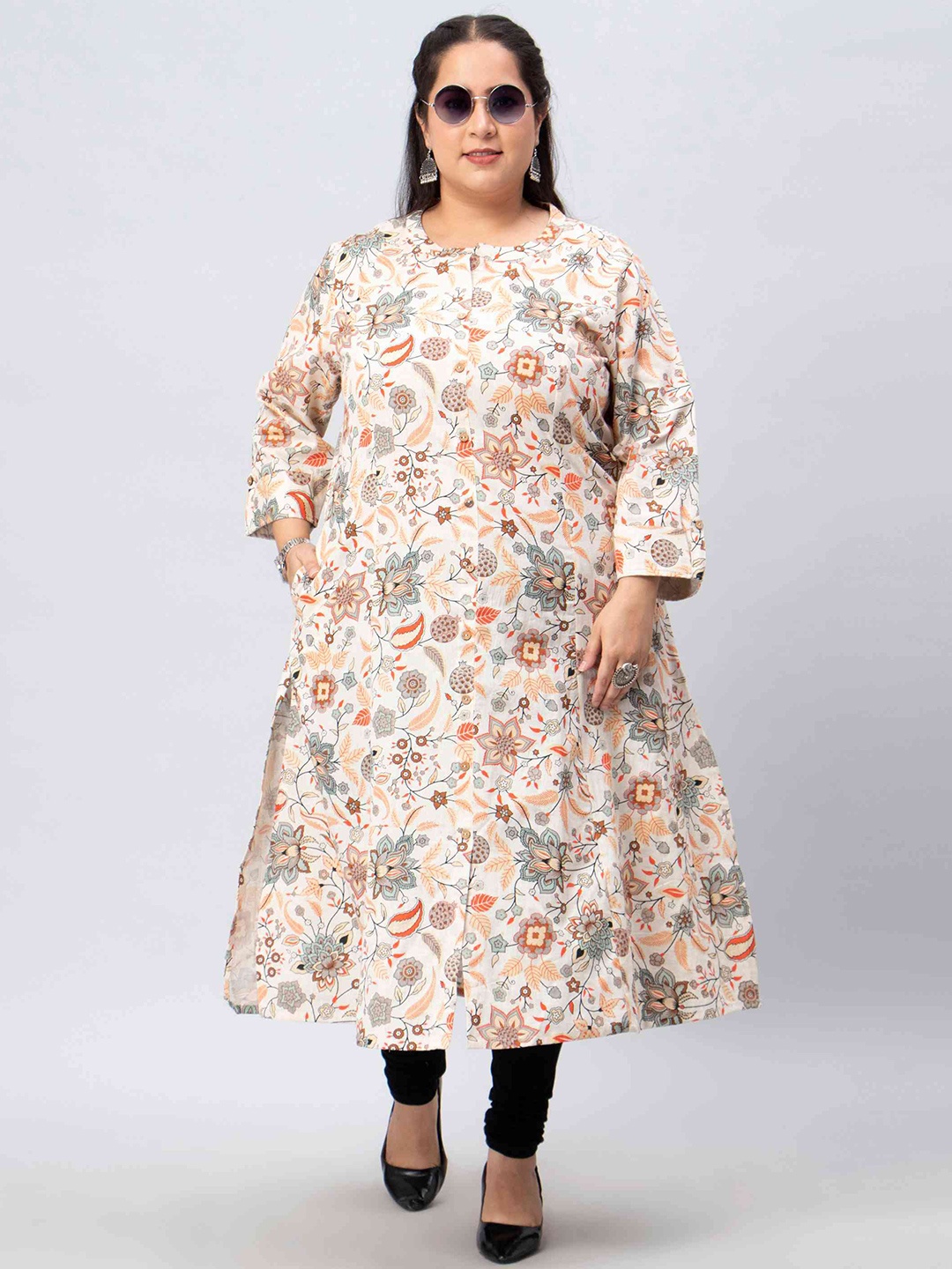 

Toodle Plus Floral Printed Band Collar Regular Cotton A-Line Kurta, Off white
