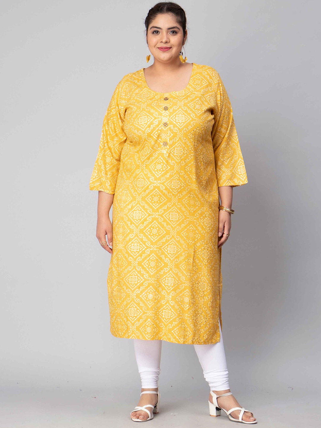 

Toodle Plus Bandhani Printed Scoop Neck Straight Kurta, Yellow