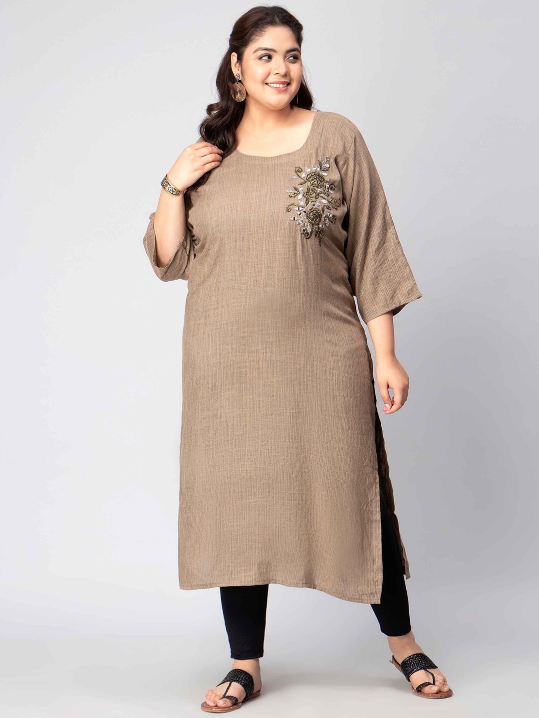 

Toodle Plus Size Printed Straight Kurta, Beige