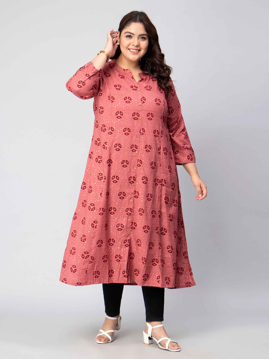 

Toodle Plus Ethnic Floral Printed Shirt Collar A-Line Kurta, Red