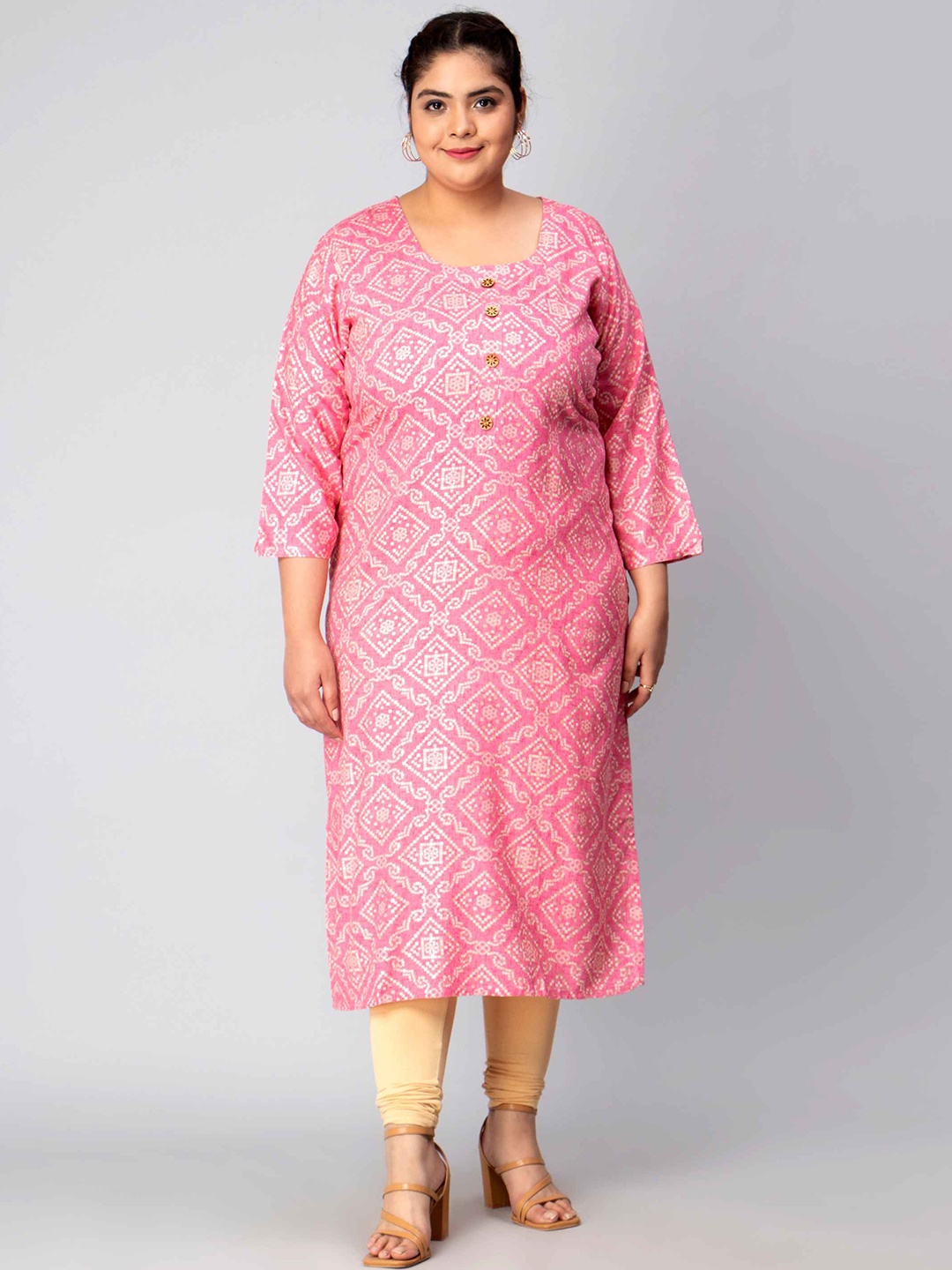 

Toodle Plus Bandhani Printed Square Neck Three-Quarter Sleeves Straight Kurta, Pink