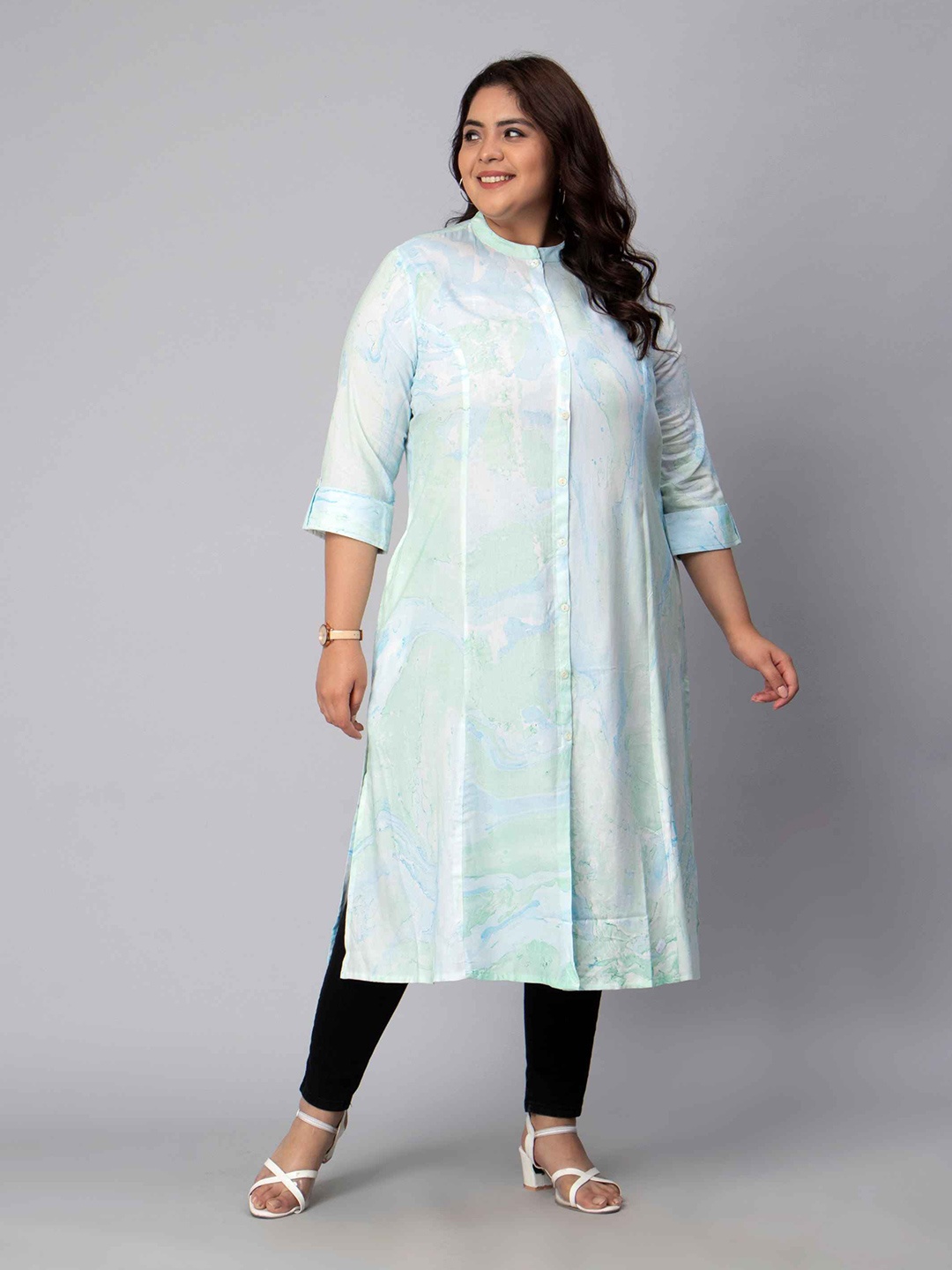 

Toodle Plus Abstract Printed Mandarin Collar Panelled A-Line Kurta, Blue