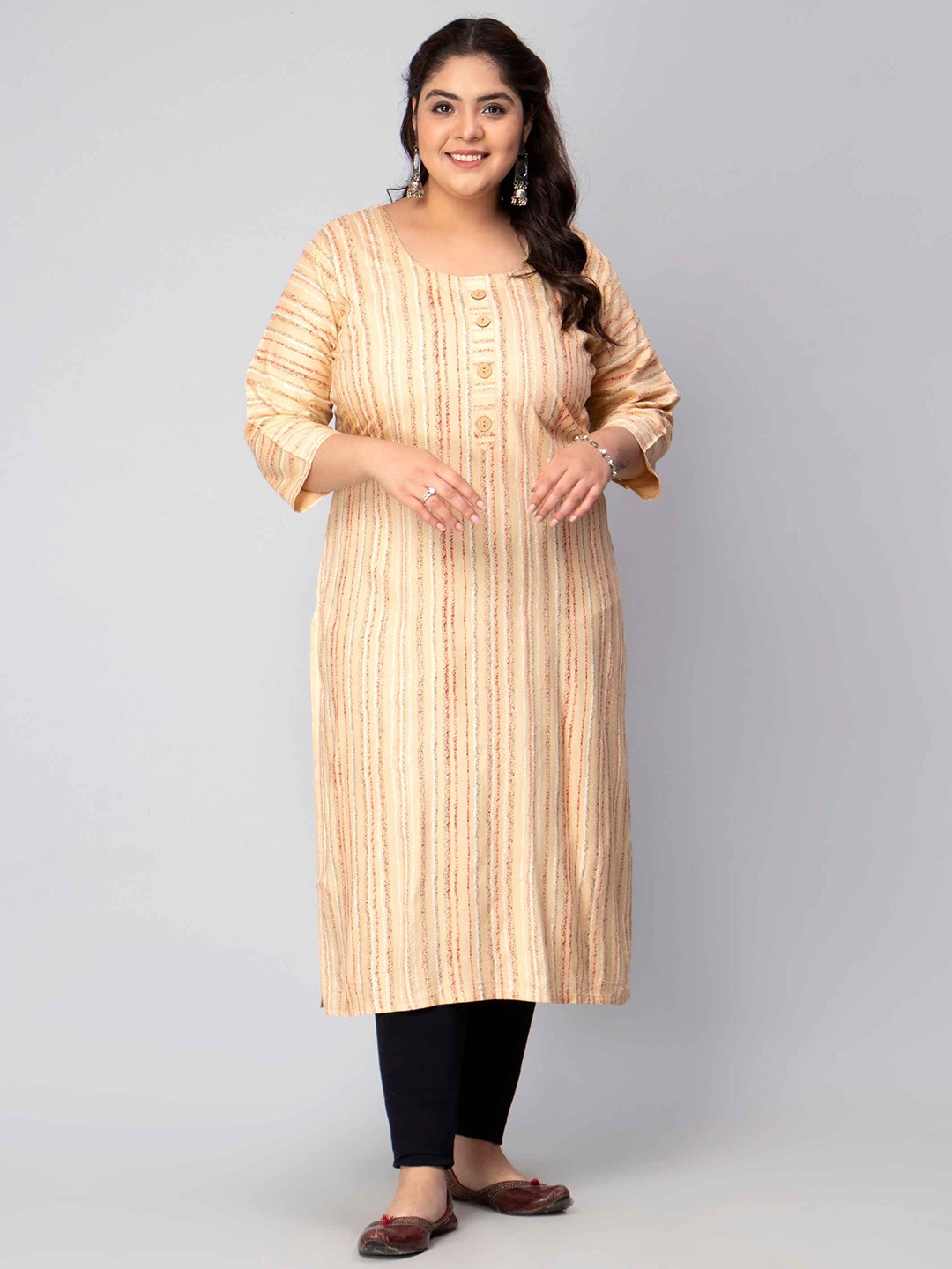 

Toodle Plus Striped Printed Round Neck Straight Kurta, Beige