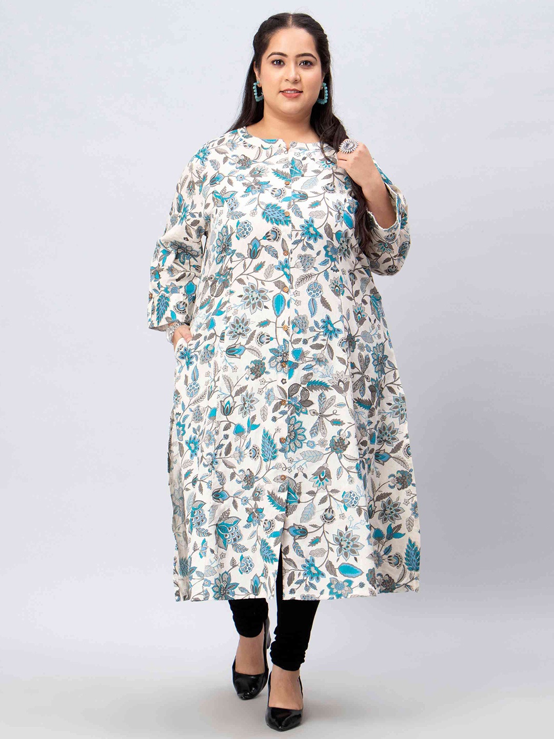 

Toodle Plus Floral Printed Band Collar Regular Cotton A-Line Kurta, Off white