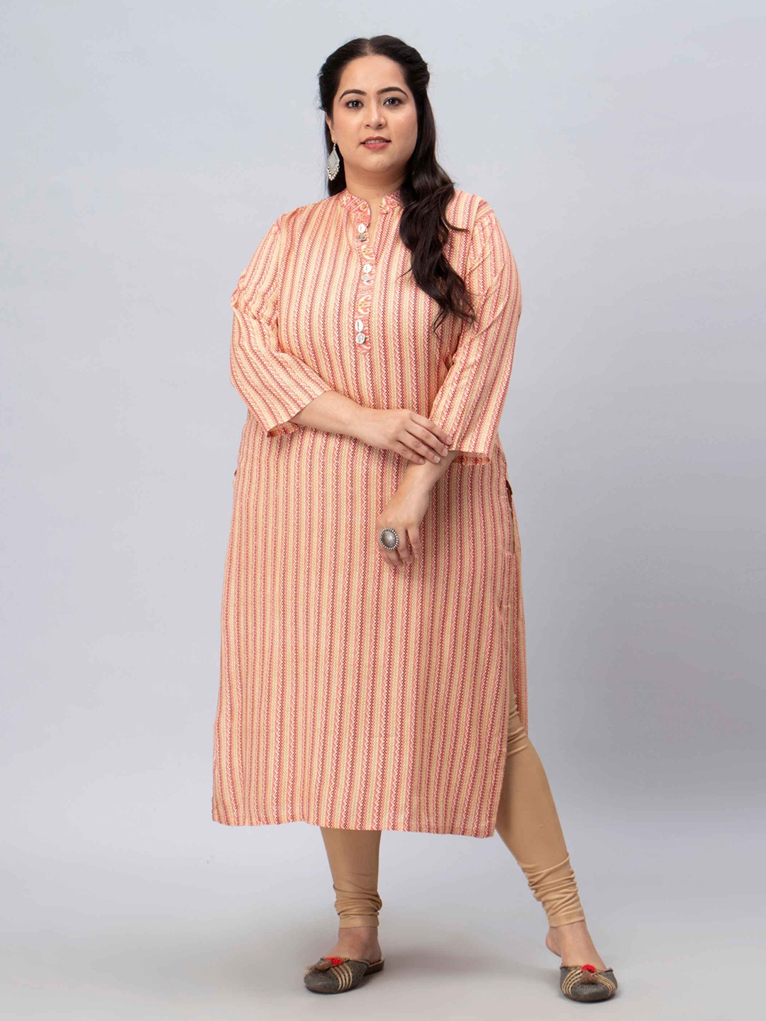 

Toodle Plus Printed Cotton Mandarin Collar Plus Size Kurti, Beige
