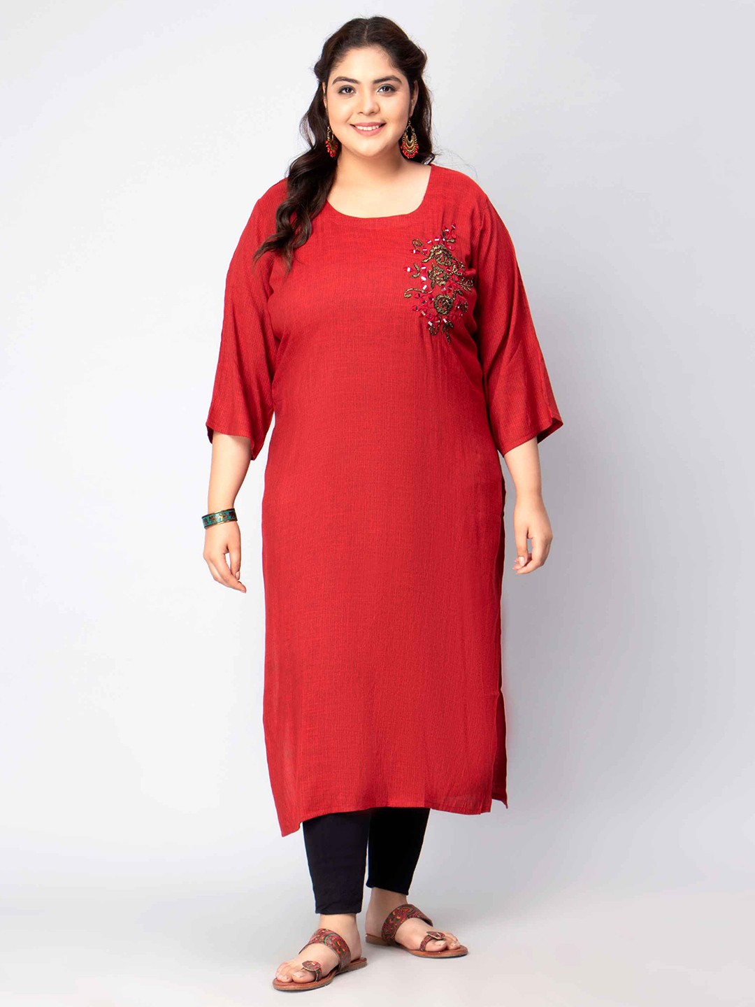 Toodle Plus Scoop Neck Flared Sleeve Mirror Work & Embroidered Straight Kurta, Red
