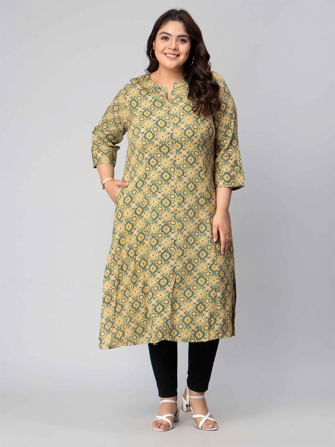 

Toodle Plus Geometric Printed Mandarin Collar A Line Kurta, Yellow